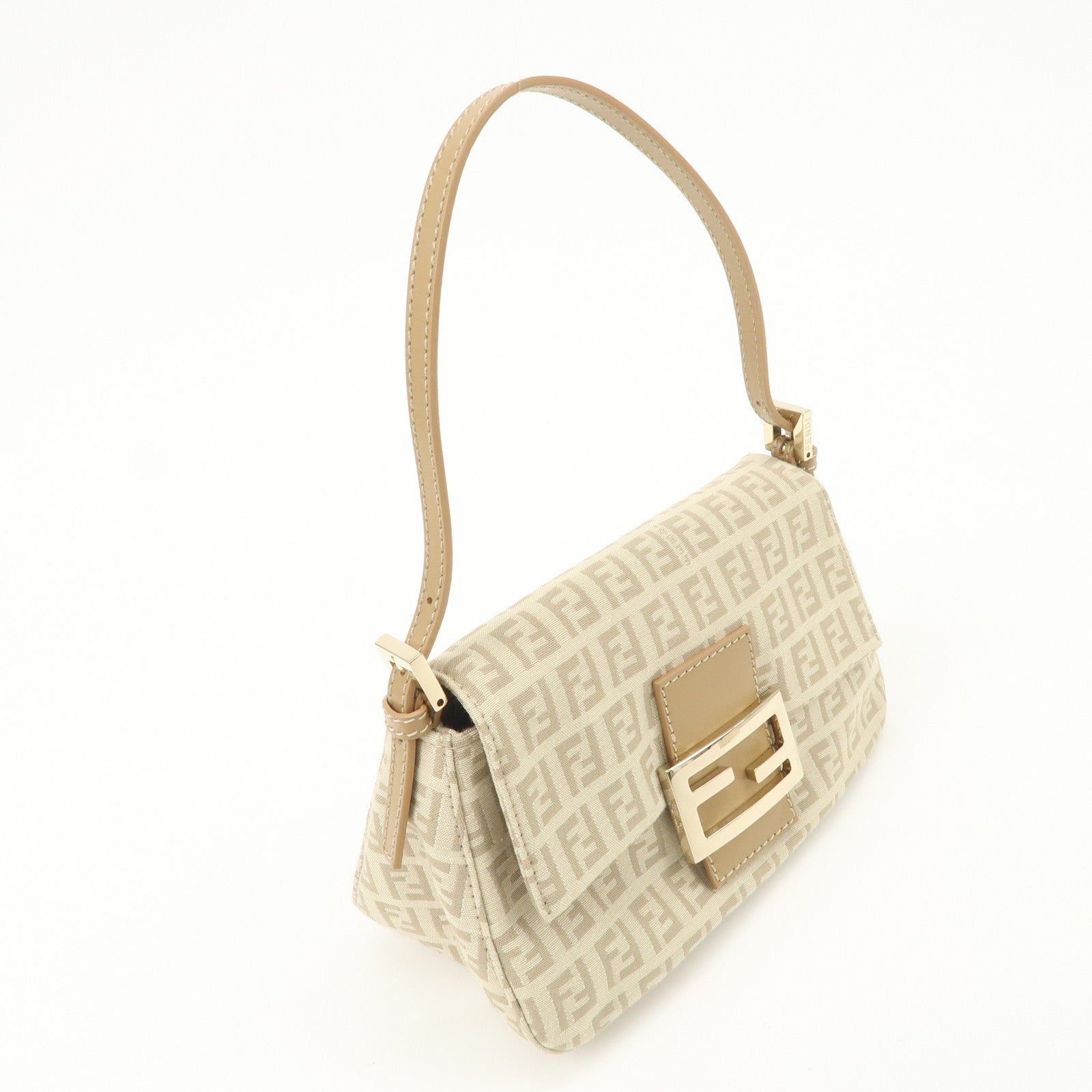 FENDI Mini Mamma Baguette Zucchino Canvas Leather Shoulder Bag Beige 8BR180