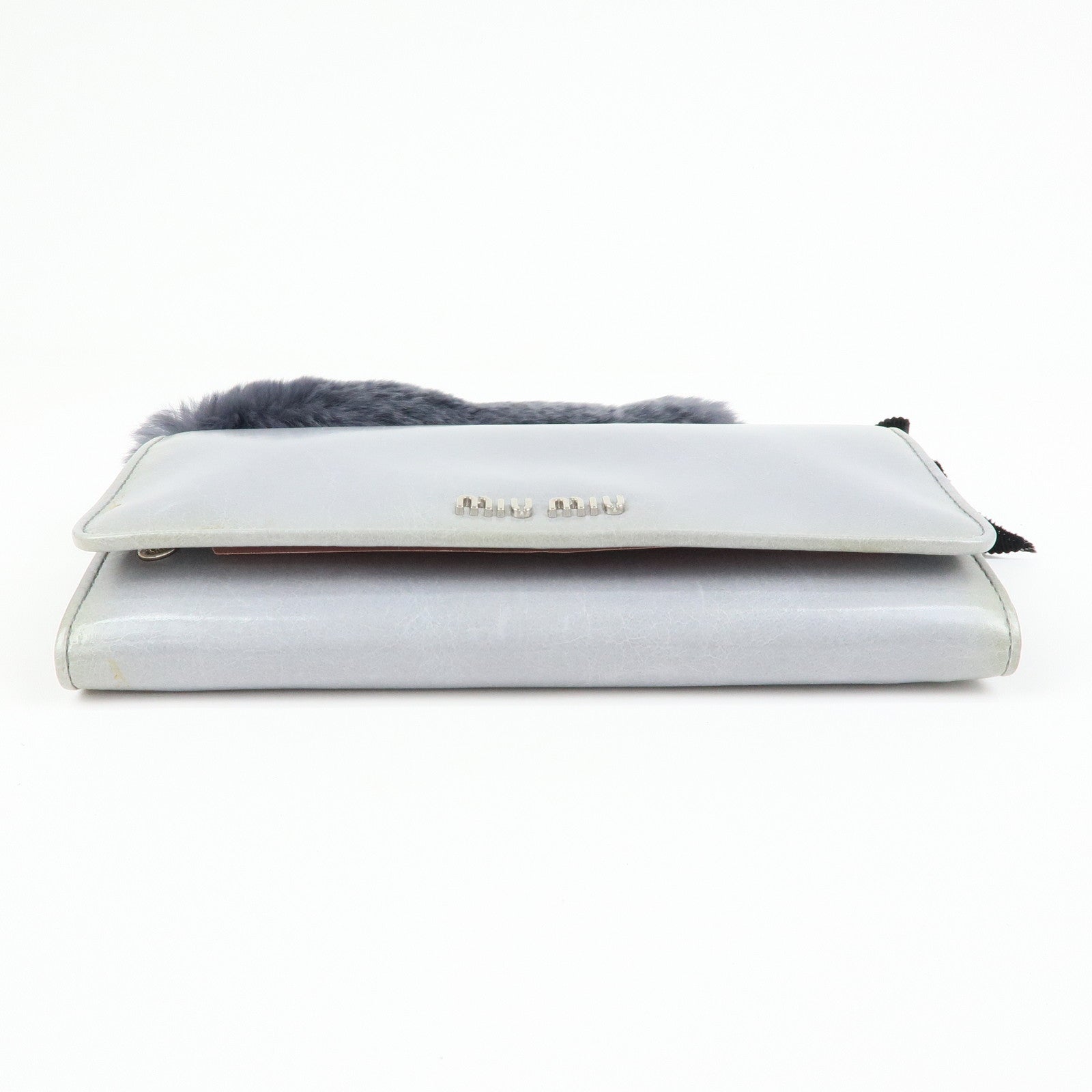 MIU MIU Vitello Shine Fur Flap Long Wallet Gray 5MH109