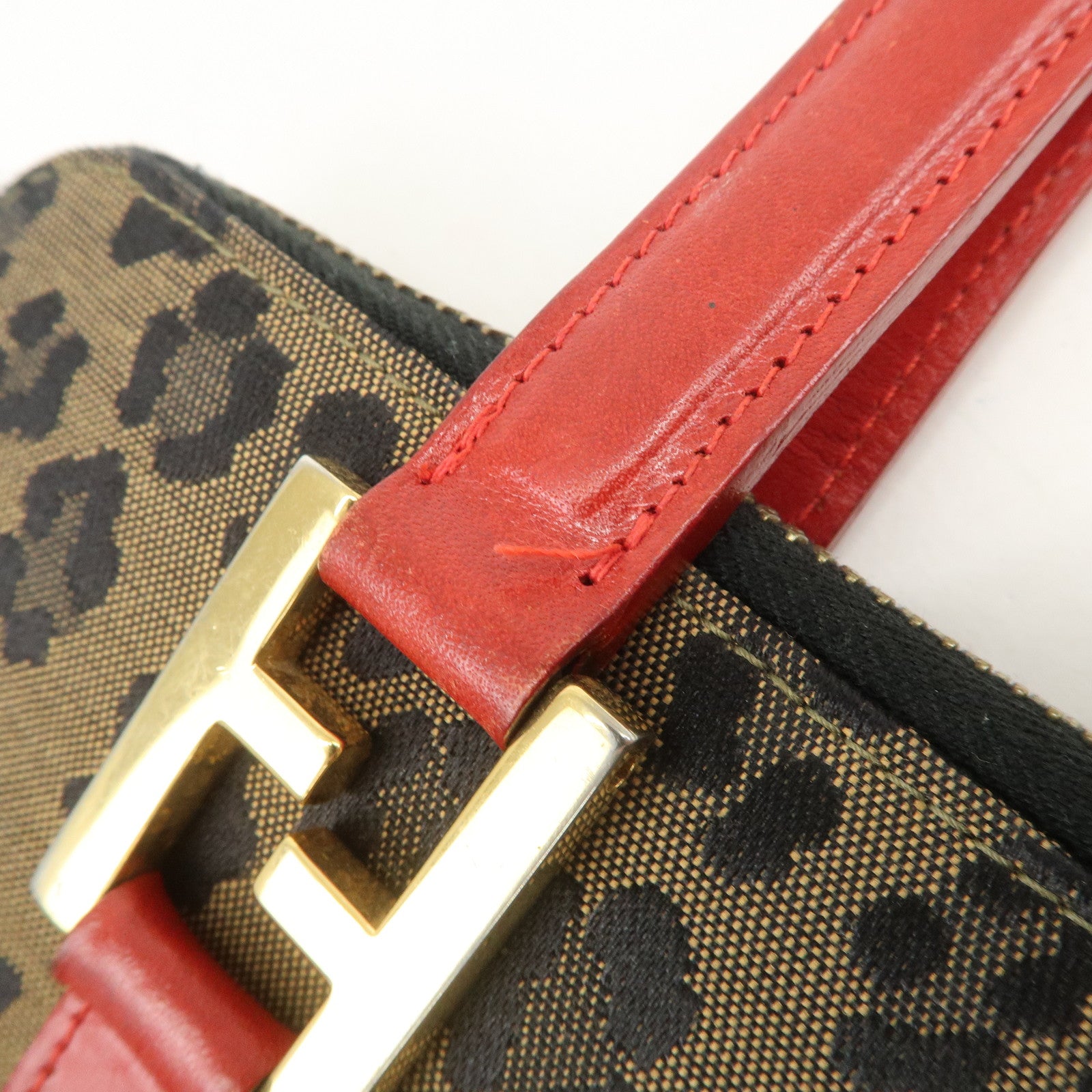 FENDI Logo Canvas Leather Hand Bag Leopard Red 26347