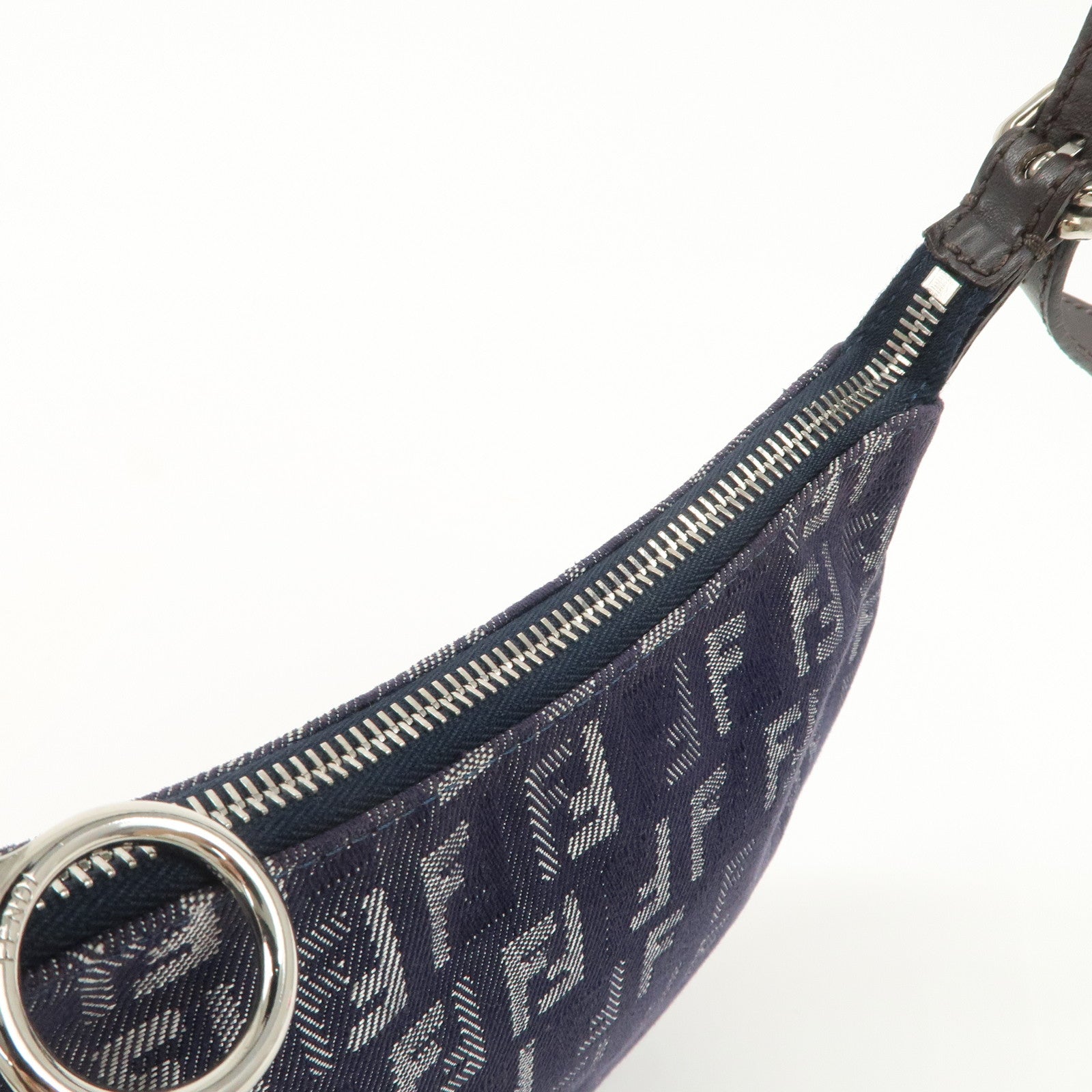 FENDI Zucchino Canvas Leather Shoulder Bag Hand bag Navy 8BR248 Used