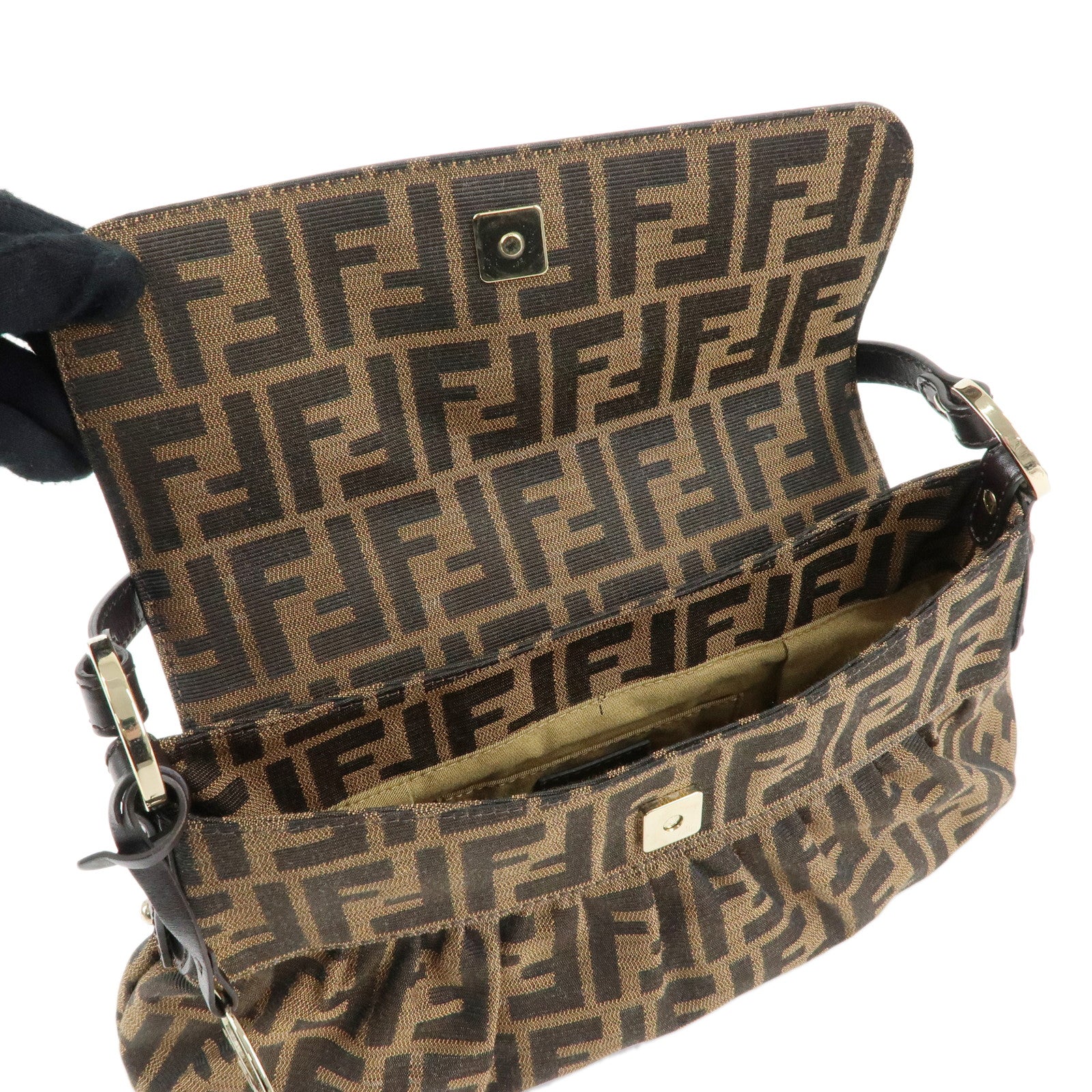 FENDI Zucca Canvas Leather Shoulder Bag Hand Bag Brown Black 8BR445
