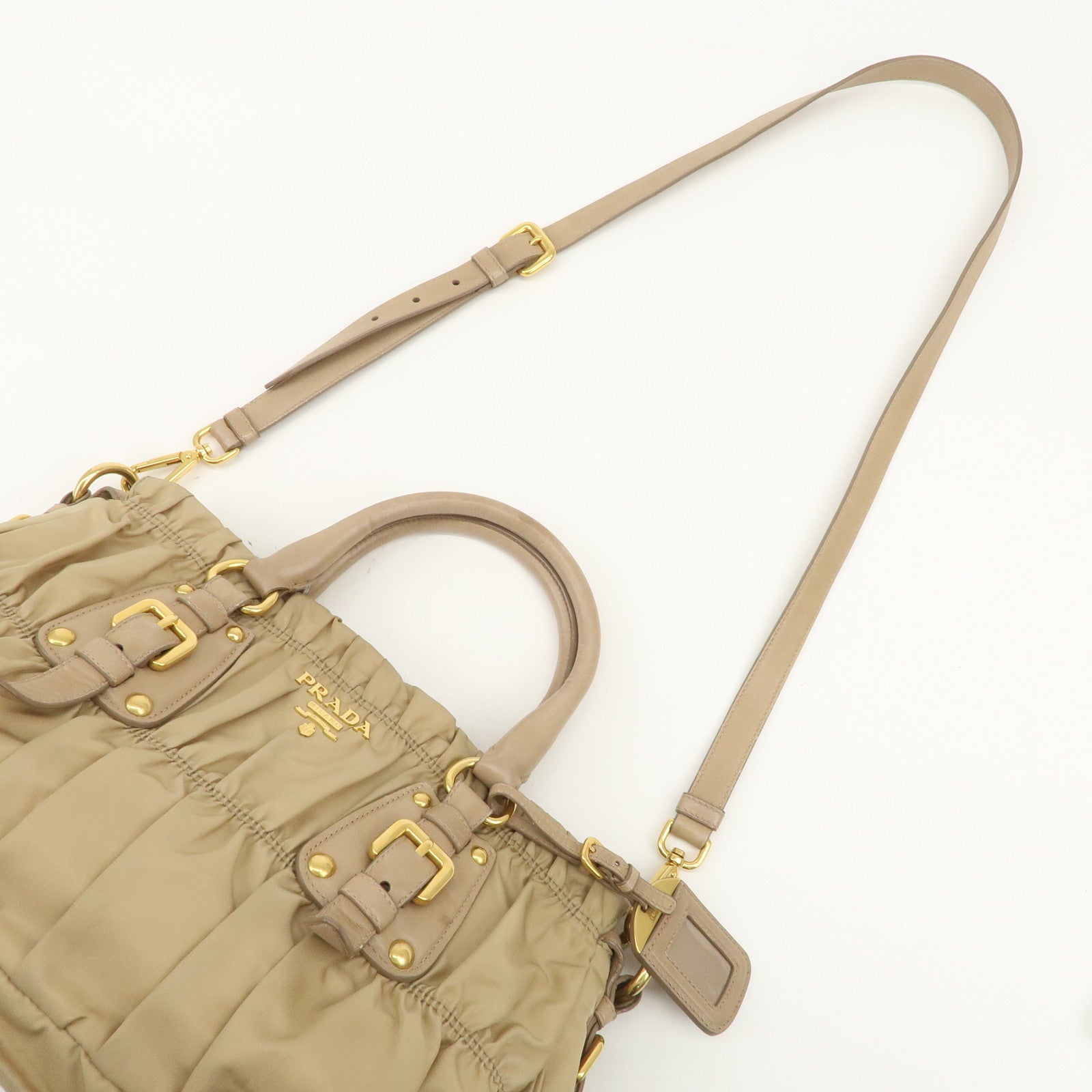 PRADA Logo Nylon Leather 2Way Shoulder Bag Hand Bag Beige BN1407