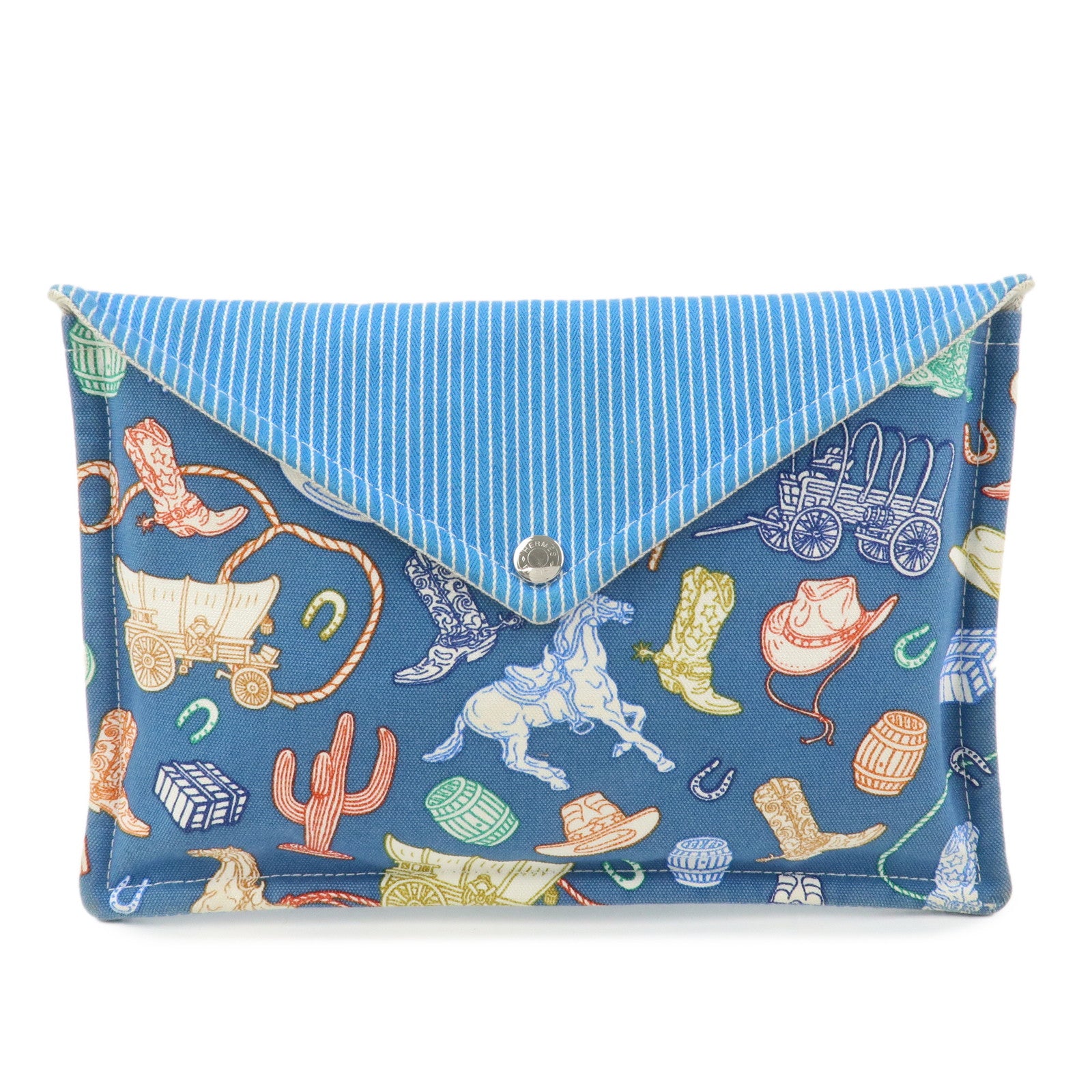 HERMES Cotton Western Motif Pouch Cosmetic Pouch Blue Multicolor