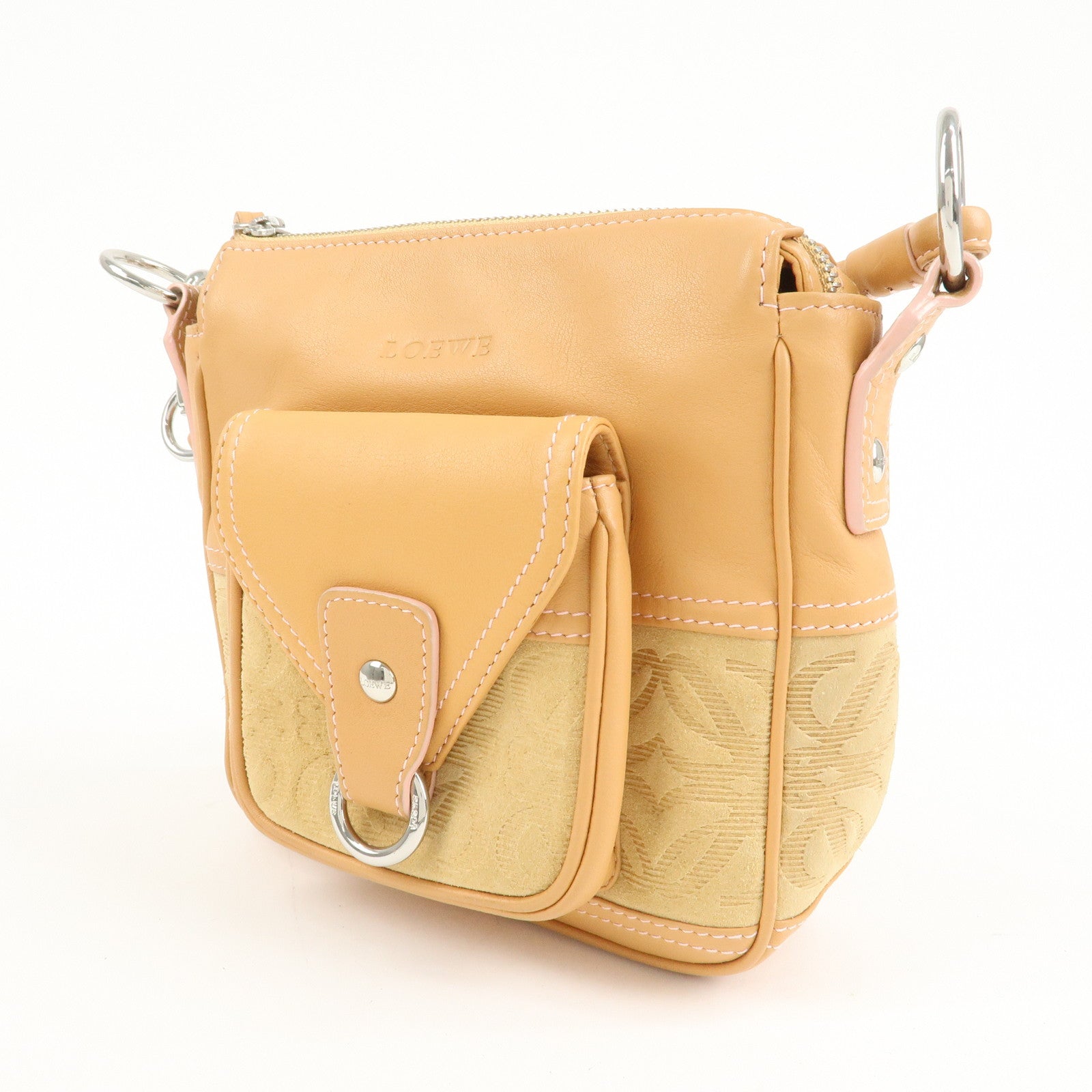 LOEWE Anagram Leather Suede Shoulder Bag Biege Silver HDW Used