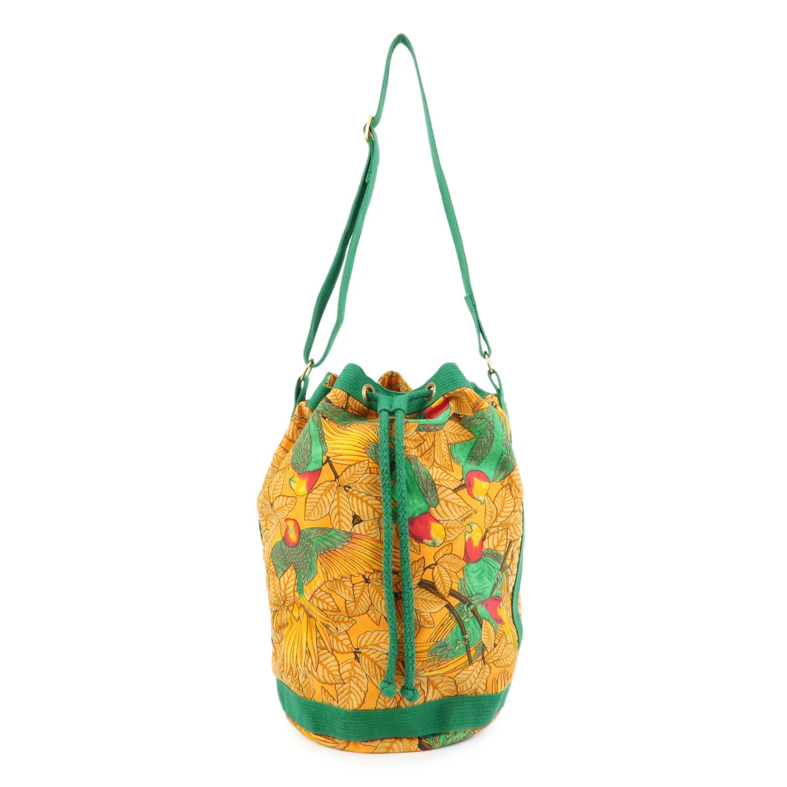 HERMES Canvas Drawstring Shoulder Bag Crossbody Bag Orange Green