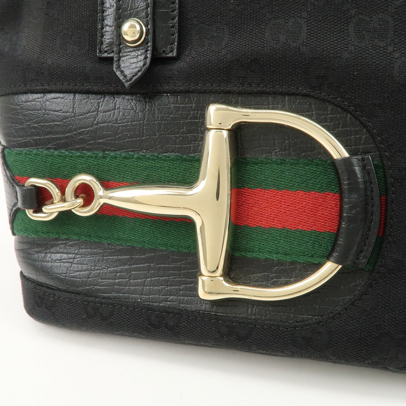 GUCCI Horsebit Sherry GG Canvas Leather Hand Bag Black 137475
