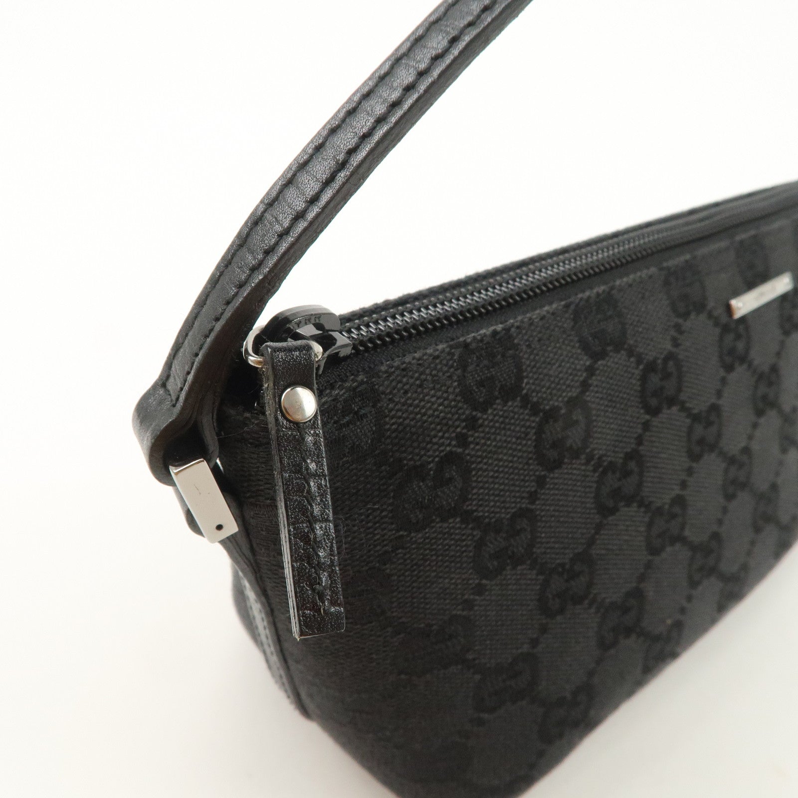 GUCCI Boat Bag GG Canvas Leather Hand Bag Pouch Black 07198