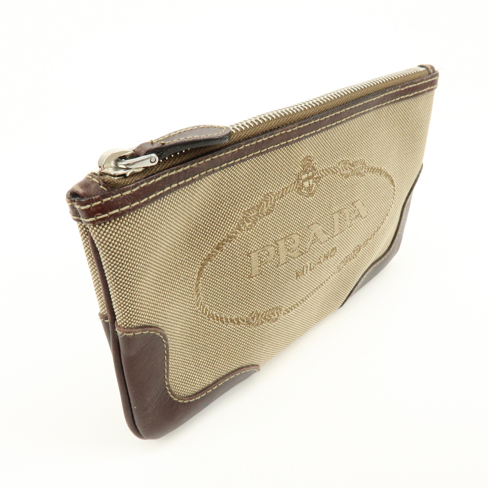 PRADA Logo Jacquard Leather Pouch Cosmetic Case Beige Brown