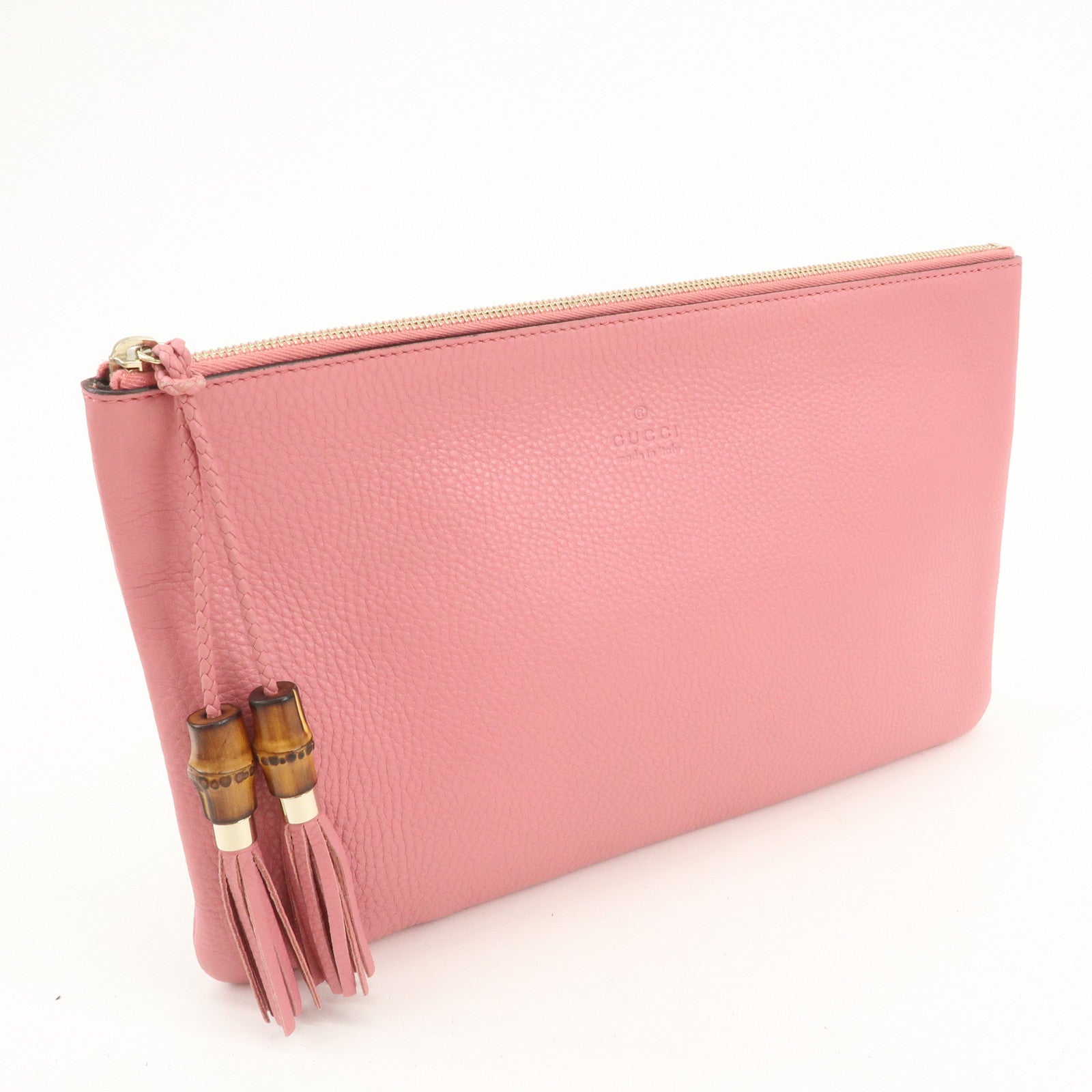 GUCCI Bamboo Leather Hand Bag Clutch Bag Pouch Pink