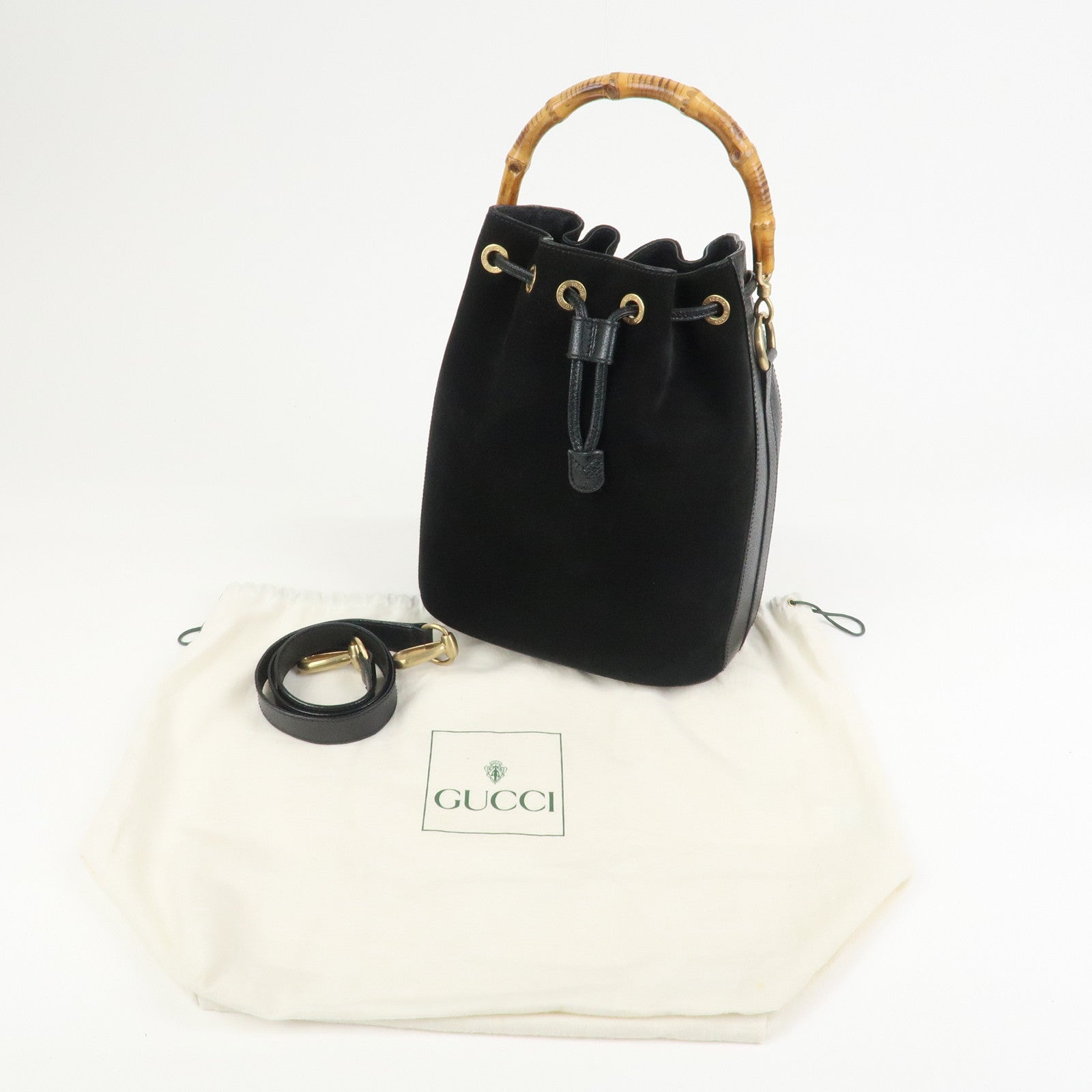 GUCCI Bamboo Logo Suede Leather 2WAY Bag Hand Bag Black 001・2855