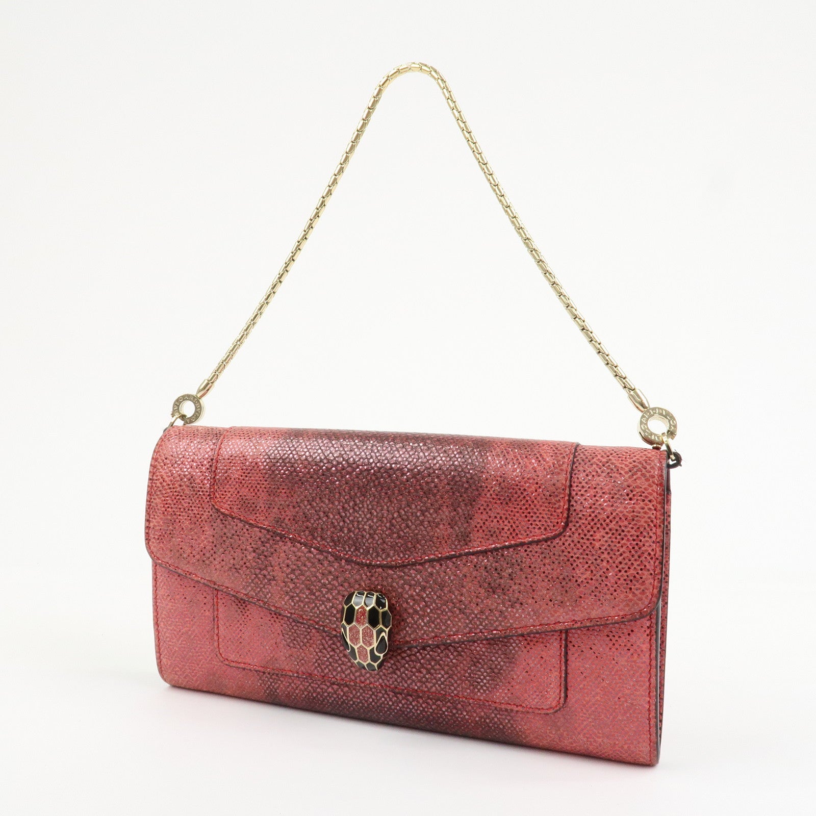 BVLGARI Serpenti Chain Strap Long Wallet Python Embossed Pink