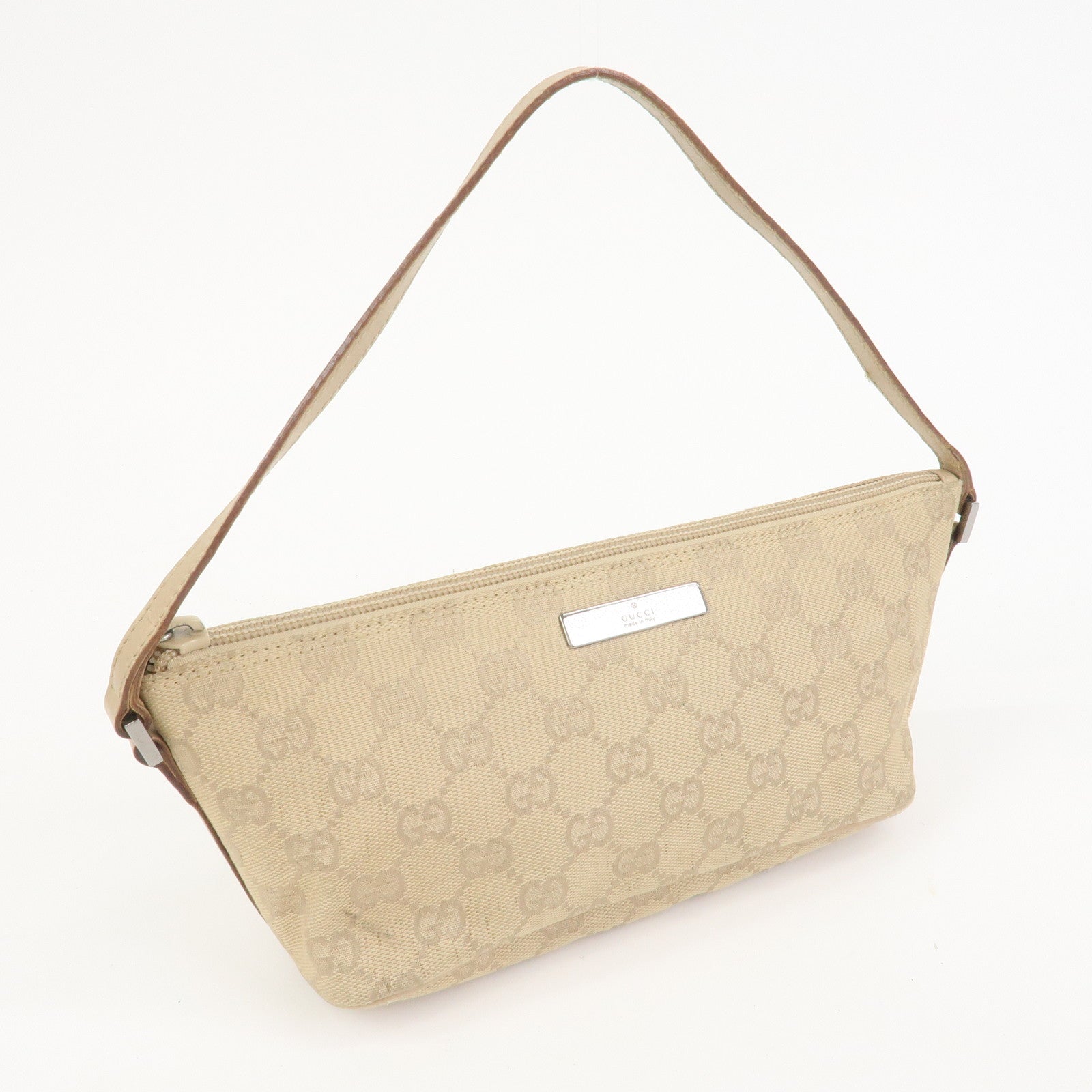 GUCCI Boat Bag GG Canvas Leather Hand Bag Pouch Beige 07198