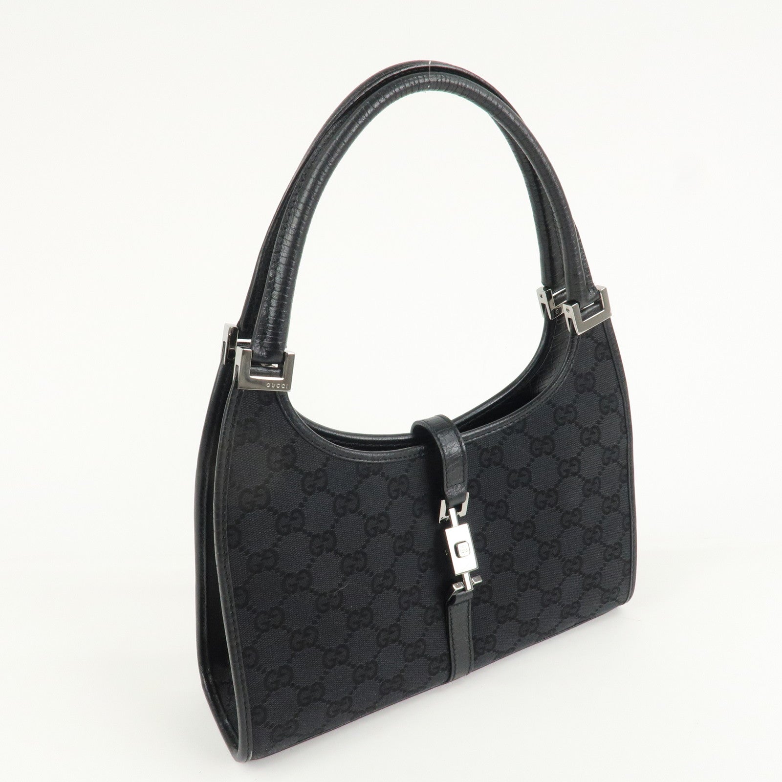 GUCCI Jackie GG Canvas Leather Shoulder Bag Hand Bag Black 01721 Used