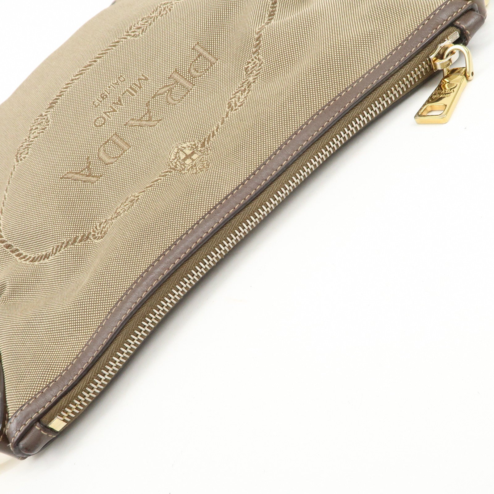 PRADA Logo Jacquard Leather Shoulder Bag Beige Brown BT867A
