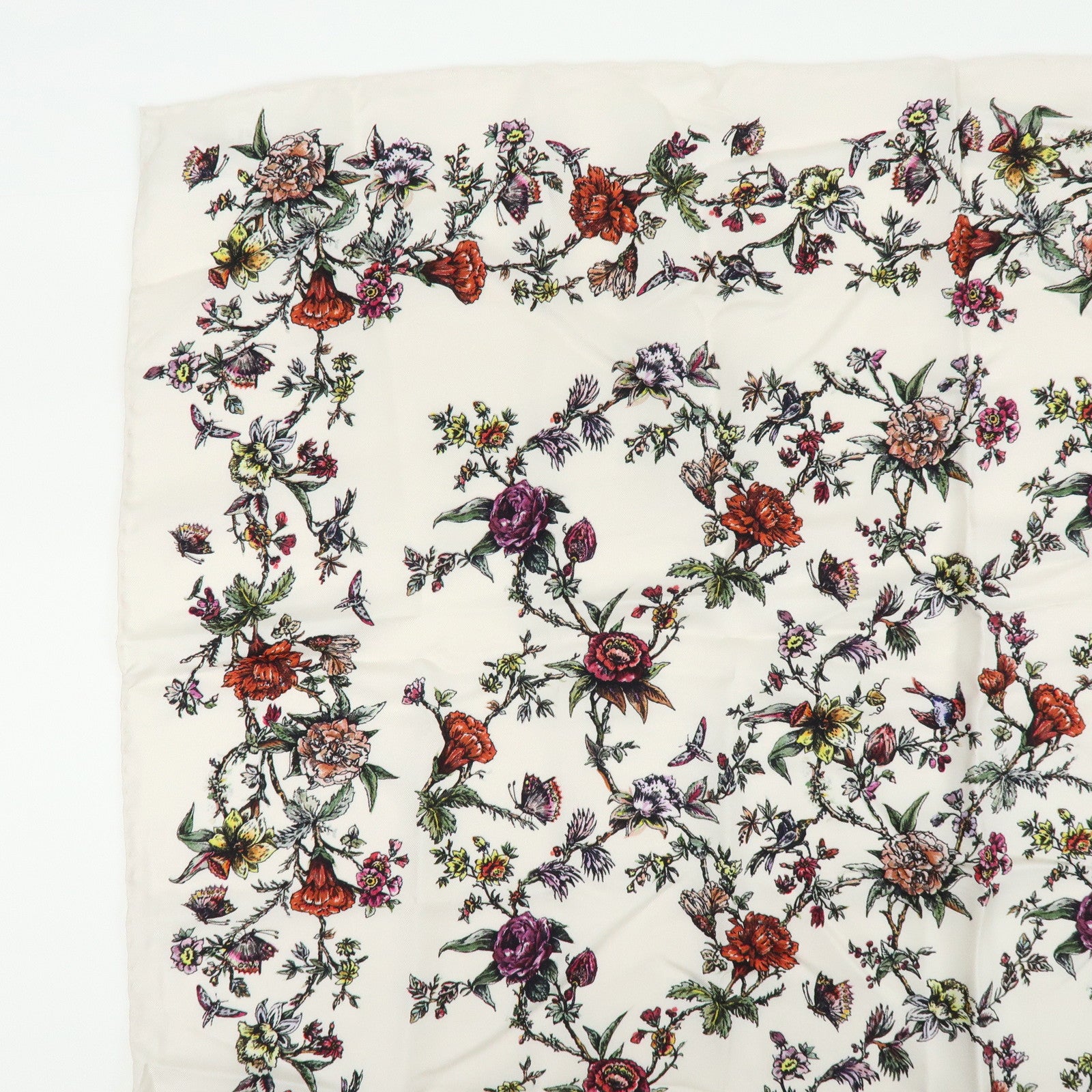 Christian Dior Flower Motif Silk 100% Scarf Ivory Multicolor