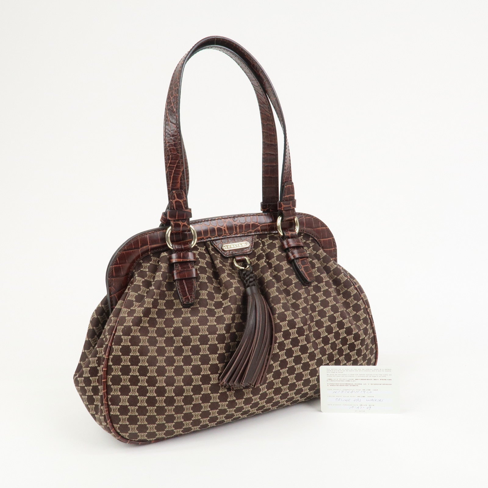 CELINE Macadam Canvas Embossed Leather Shoulder Bag Hand Bag Brown