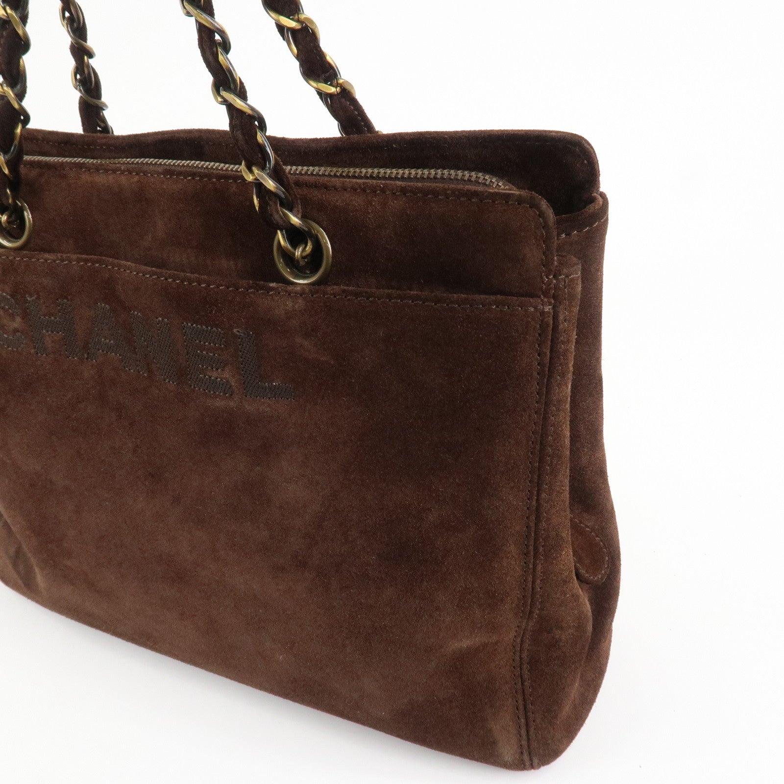 CHANEL Logo Suede Chain Tote Bag Shoulder Bag Brown