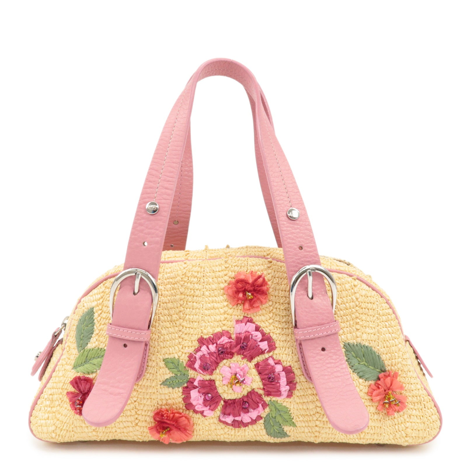 Christian Dior Leather Raffia Straw Hand Bag Pink Natural Used