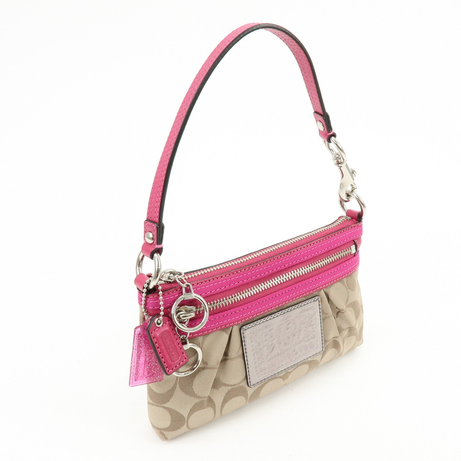 COACH Poppy Signature Nylon Leather Hand Bag Beige Pink