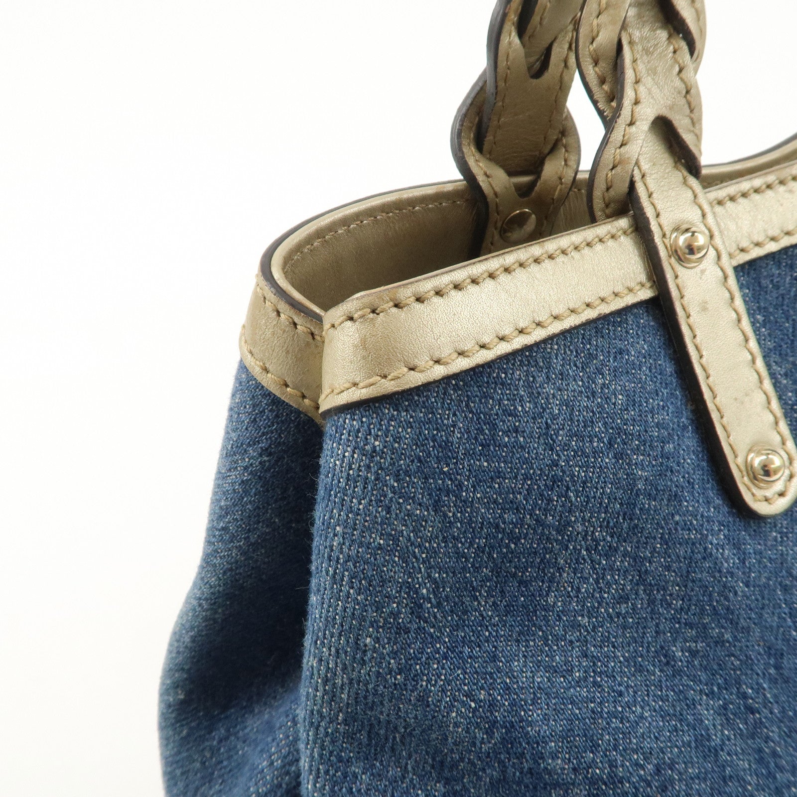 GUCCI Craft Denim Leather Tote Bag Shoulder Bag Blue Gold 348715 Used