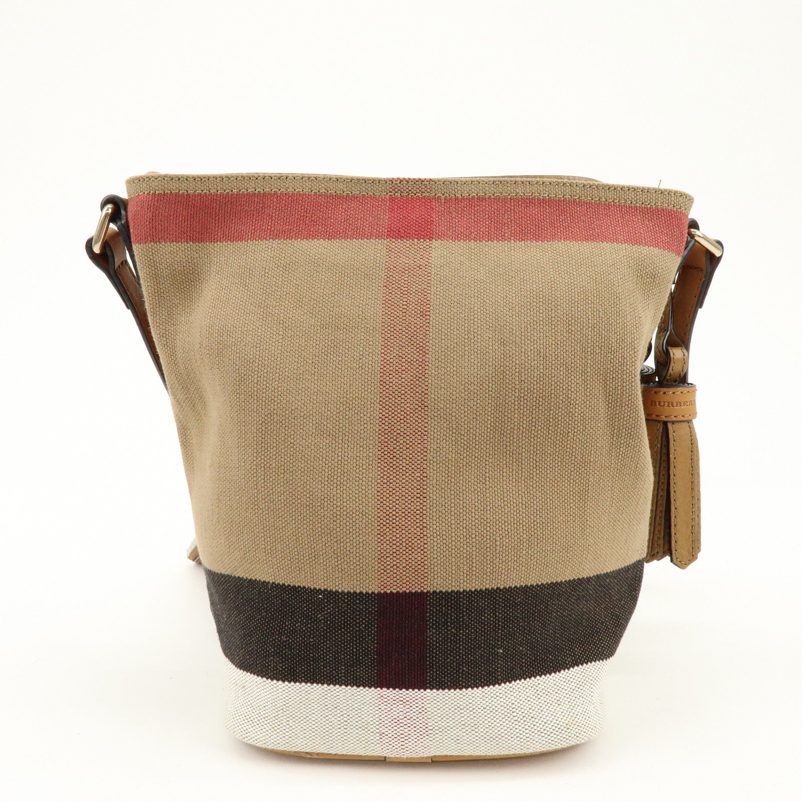 BURBERRY Nova Plaid Canvas Leather Tassel Shoulder Bag Beige Camel