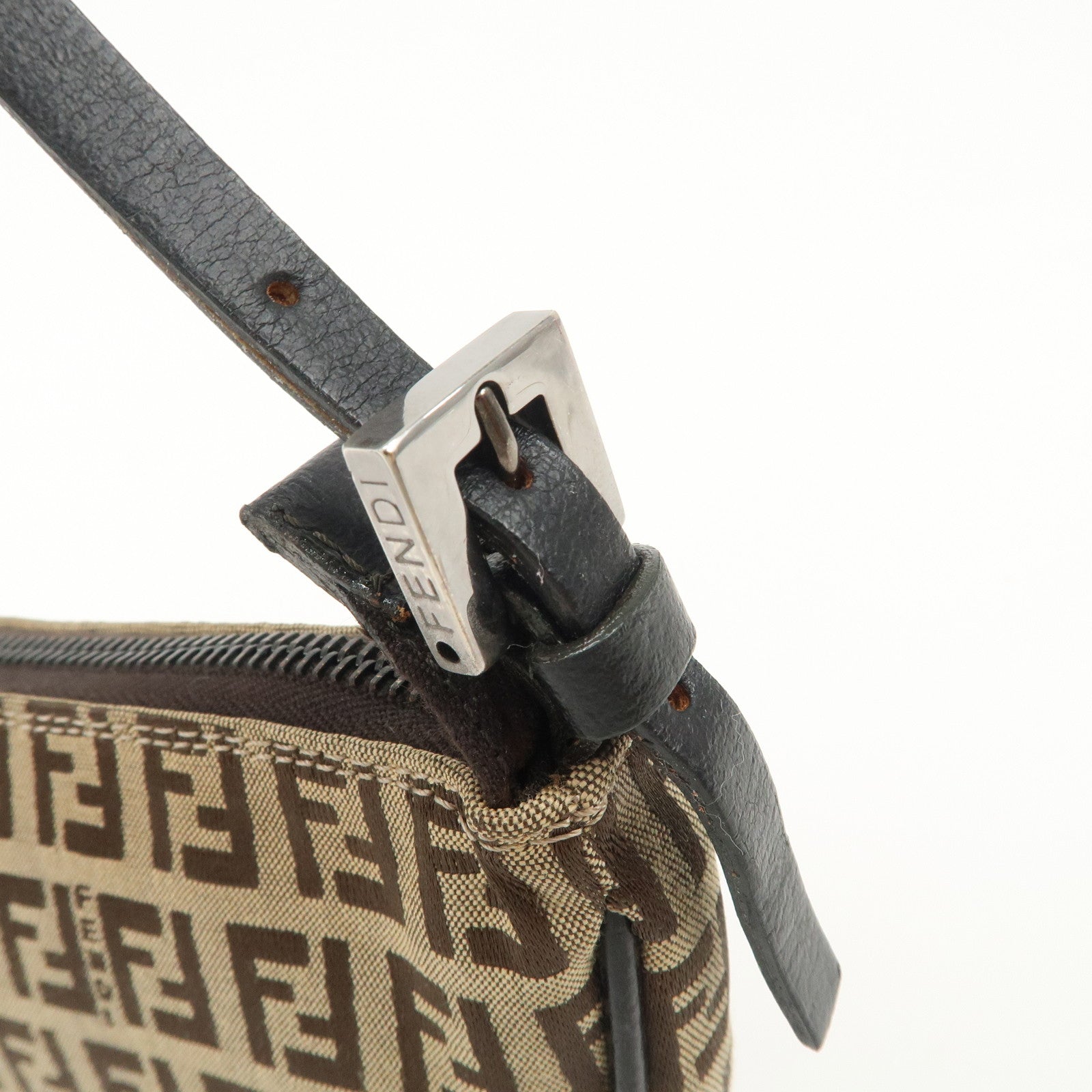 FENDI Zucchino Canvas Leather Shoulder Bag Brown Beige 8BR133 Used