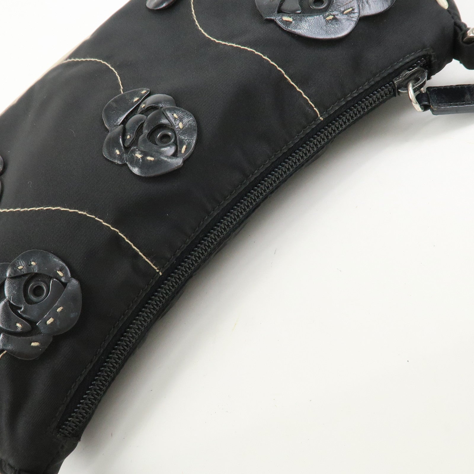 PRADA Nylon Leather Shoulder Bag Hand Bag Flower Motif Black