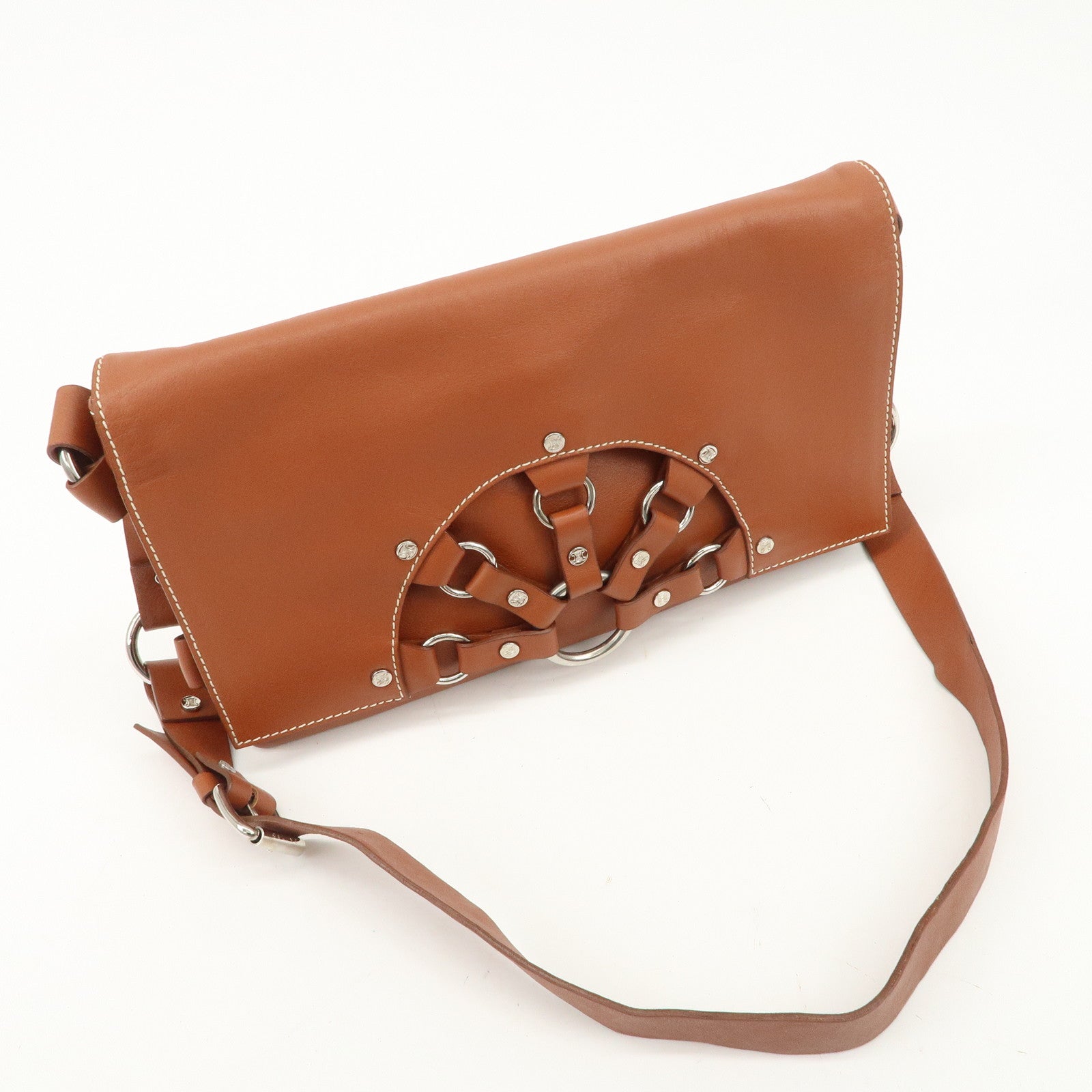 CELINE Leather Hand Bag Shoulder Bag Brown Silver HDW