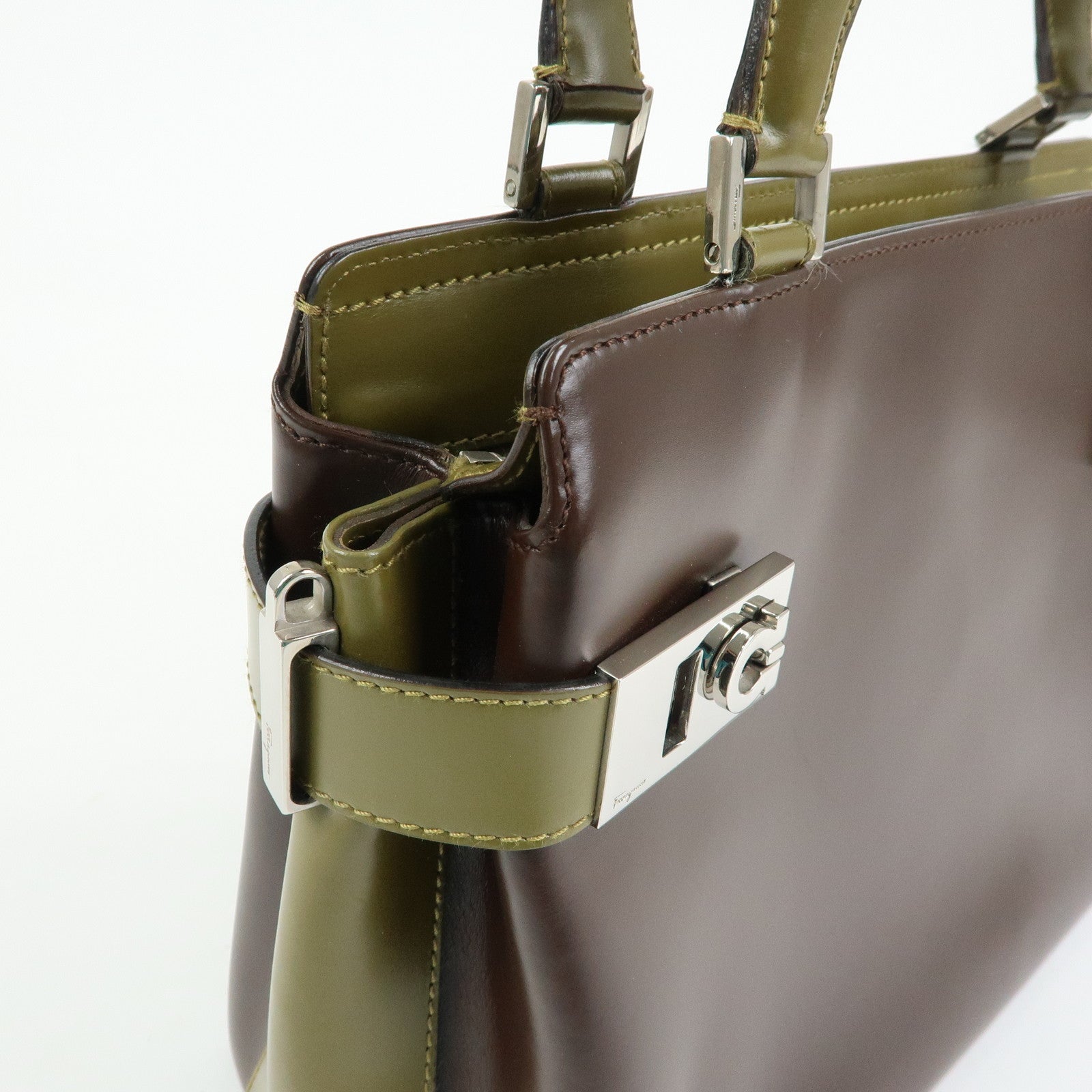 Ferragamo Gancini Leather 2Way Hand Bag Shoulder Bag Brown Khaki