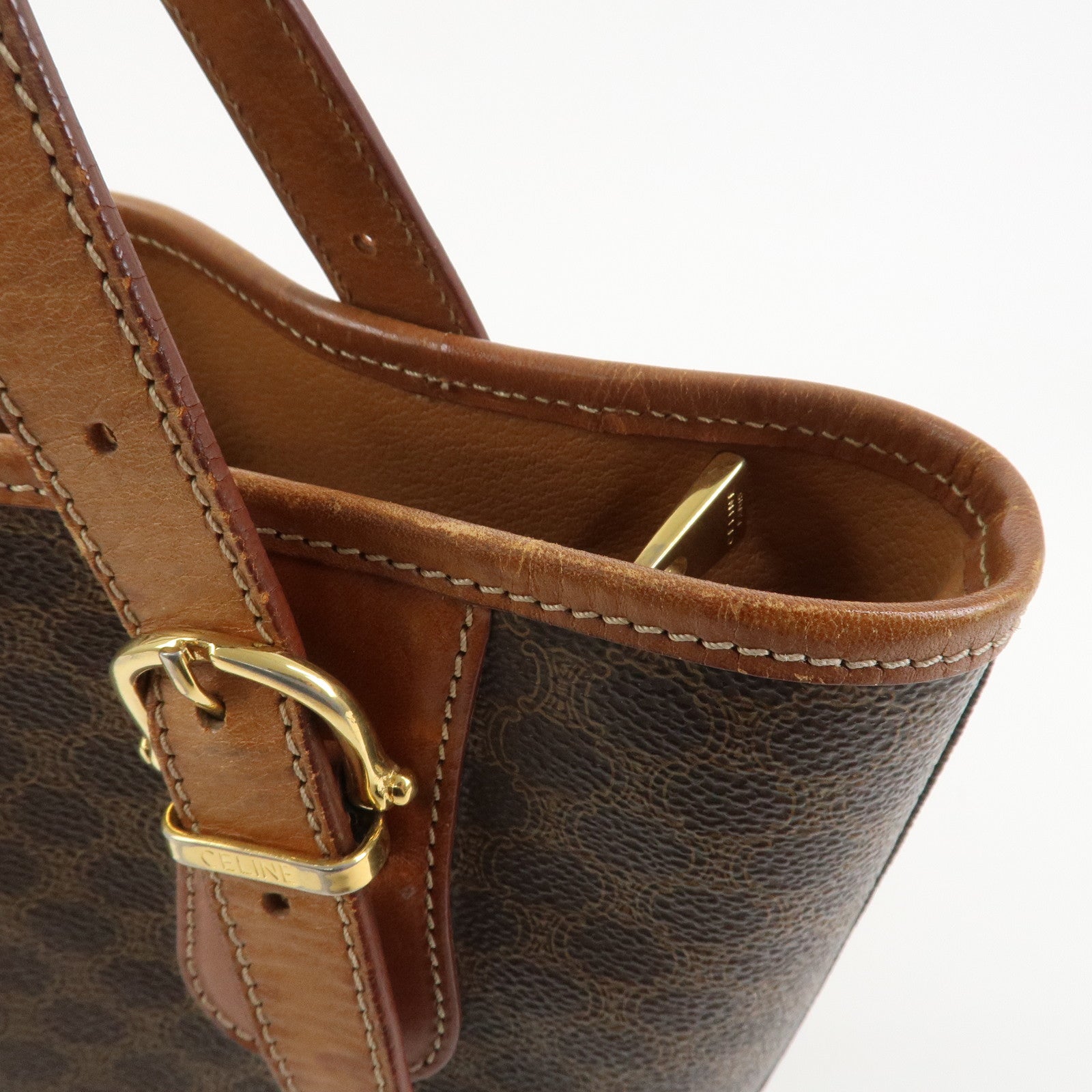 CELINE Macadam PVC Canvas Leather Tote Bag Hand Bag Brown