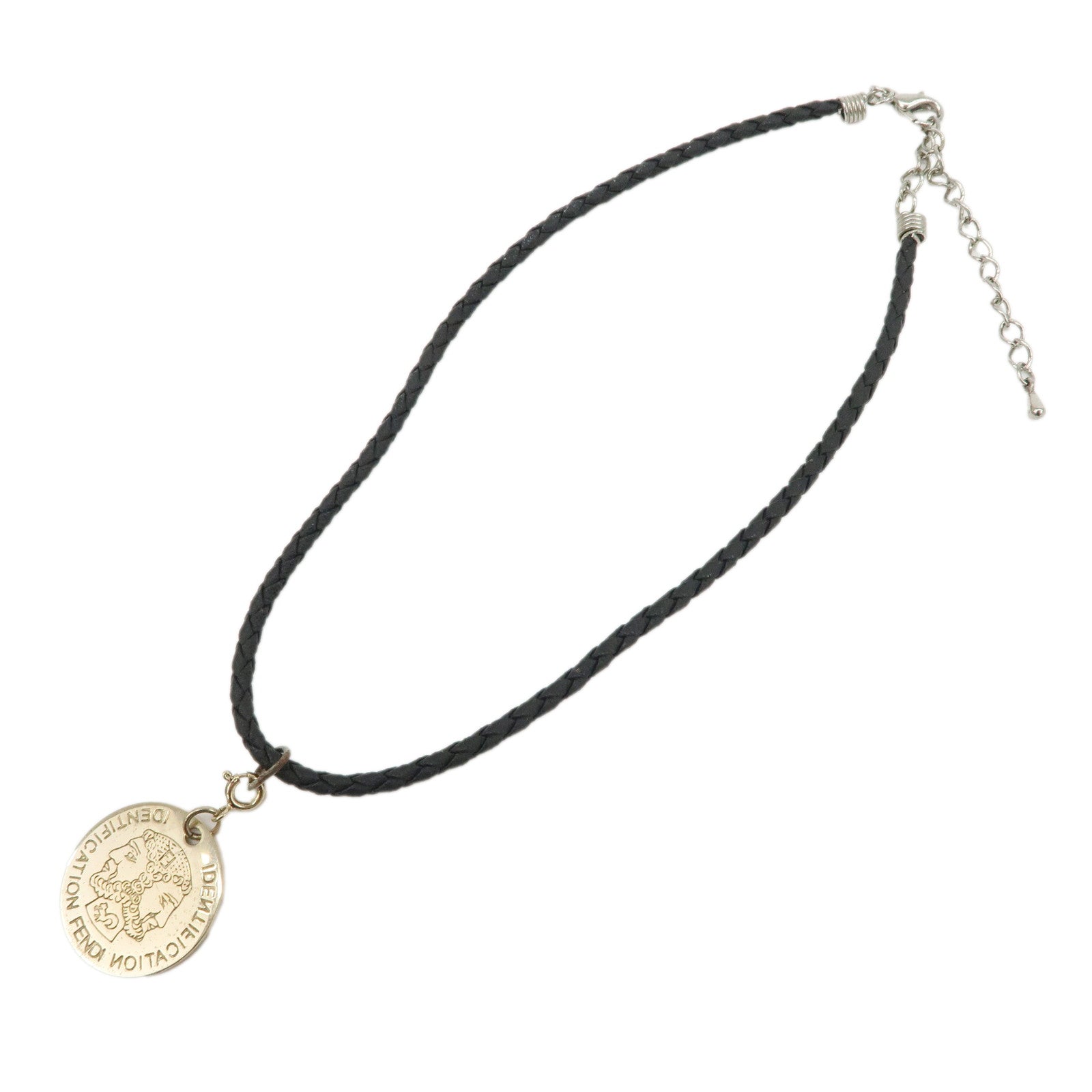 FENDI Coin Motif Leather Metal Necklace Gold Black