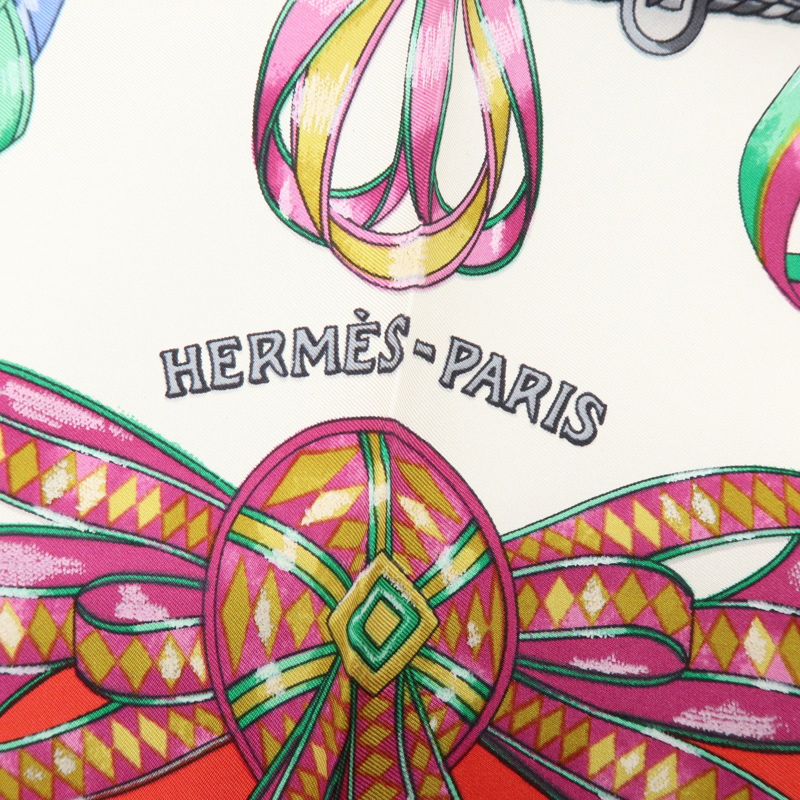 HERMES Carre 90 Silk 100% LES RUBANS DU CHEVAL Scarf White Red