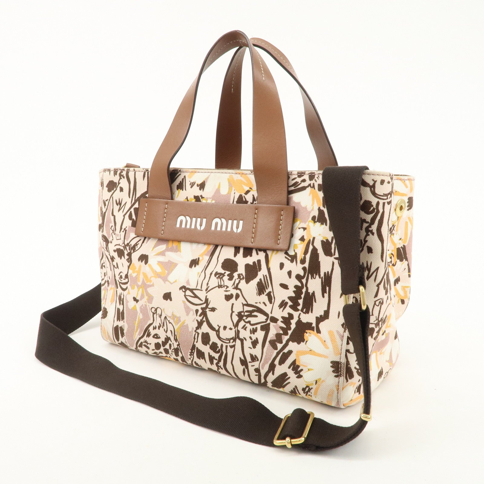 MIU MIU Leather Canvas 2Way Hand Bag Tote Bag Brown Pink 5BA085 Used