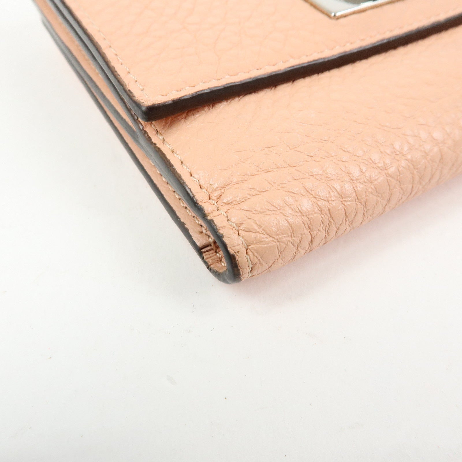FENDI Selleria Leather Tri-fold Compact Wallet Pink Beige 8M0438