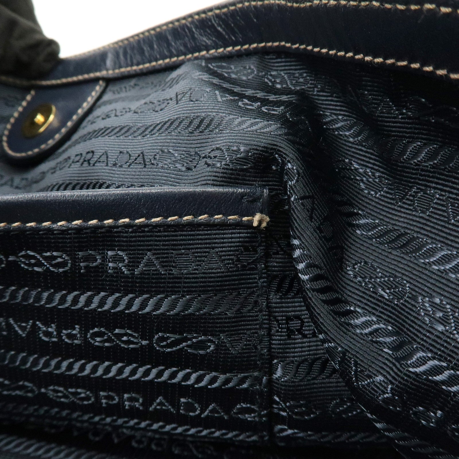 PRADA Logo Jacquard Leather Tote Bag Hand Bag Beige Navy