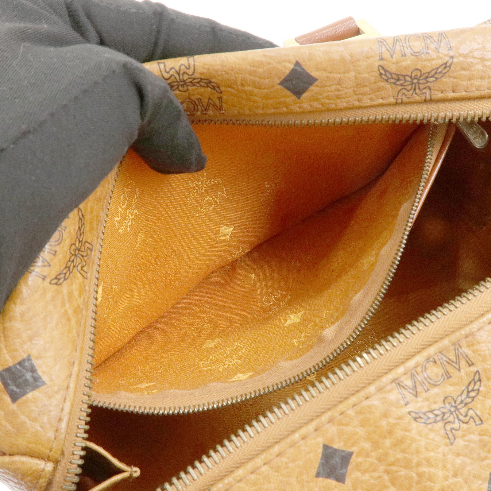 MCM Visetos Leather Boston Bag Hand Bag Brown Gold Hardware Used