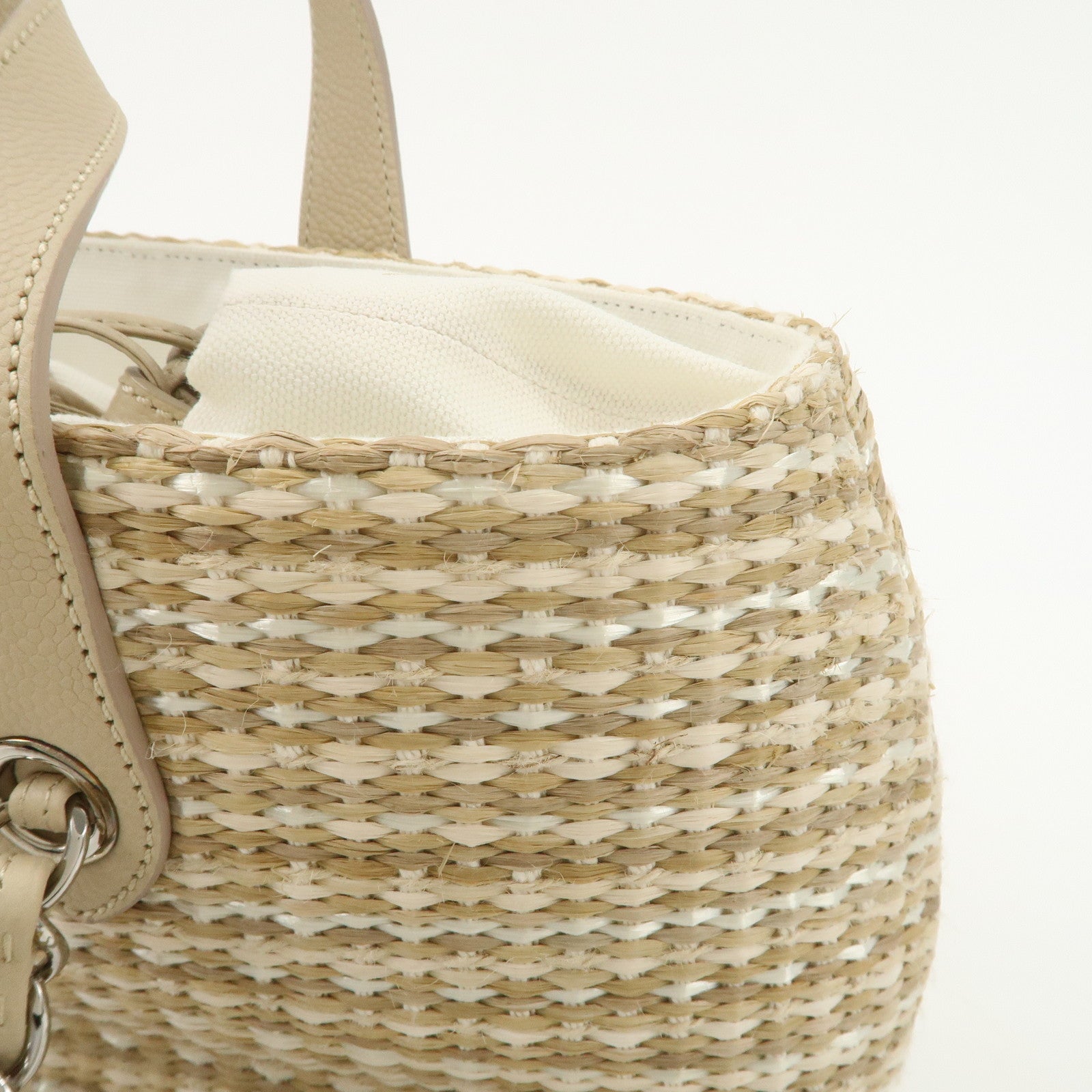 CHANEL Lether Raffia 2Way Bag Shoulder Bag Hand Bag Beige