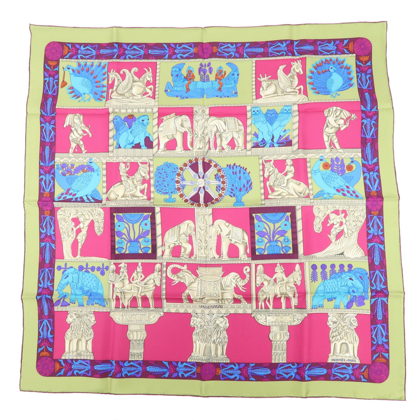 HERMES Carre 90 Silk 100% Scarf TORANA Pink Blue Green Used