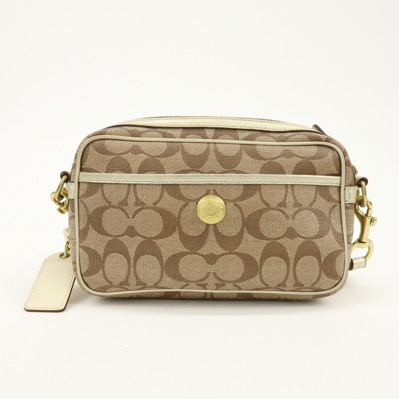 COACH Signature PVC Coated Canvas Leather Shoulder Bag Beige Gold