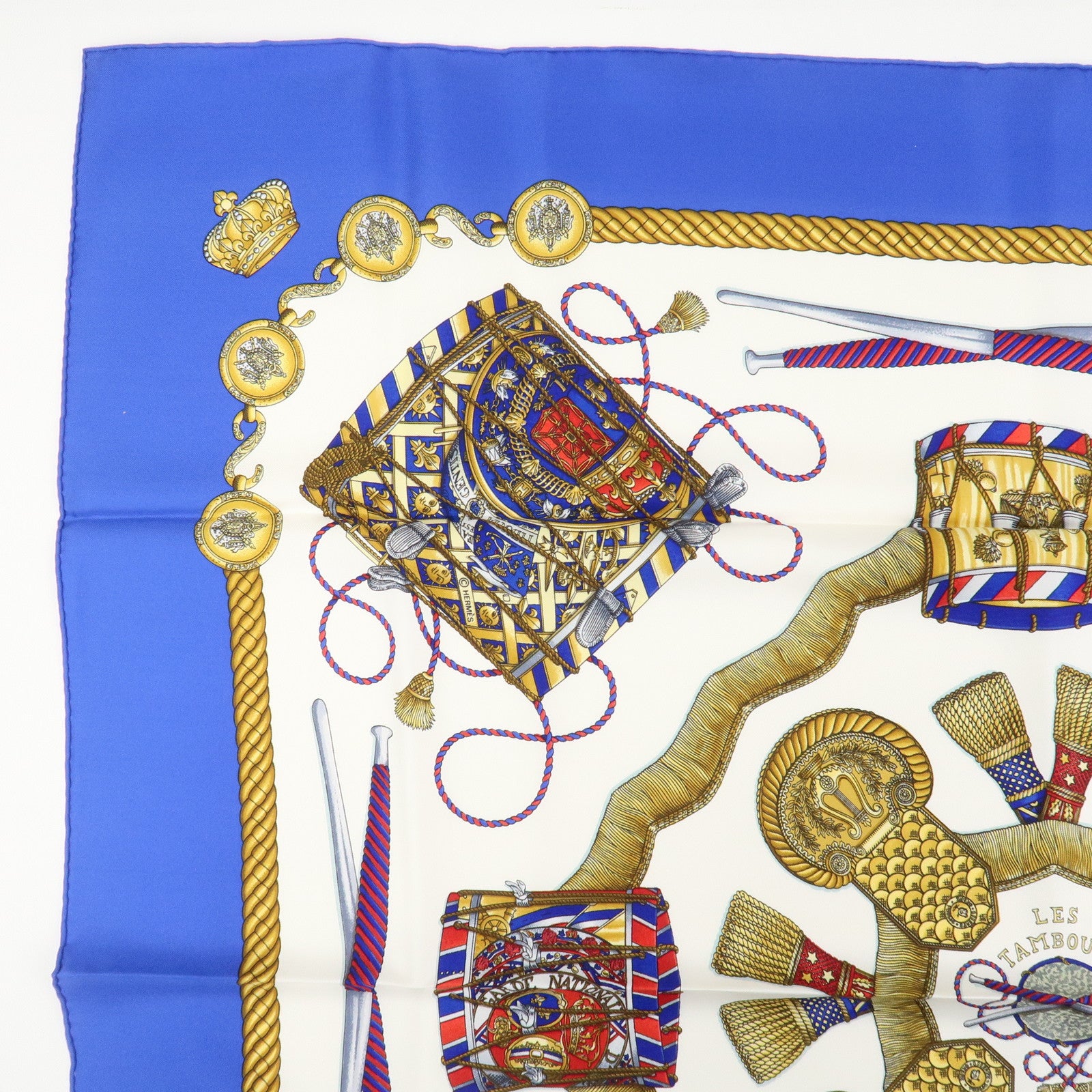 HERMES Carre 90 Silk 100% Scarf LES TAMBOURS Blue White