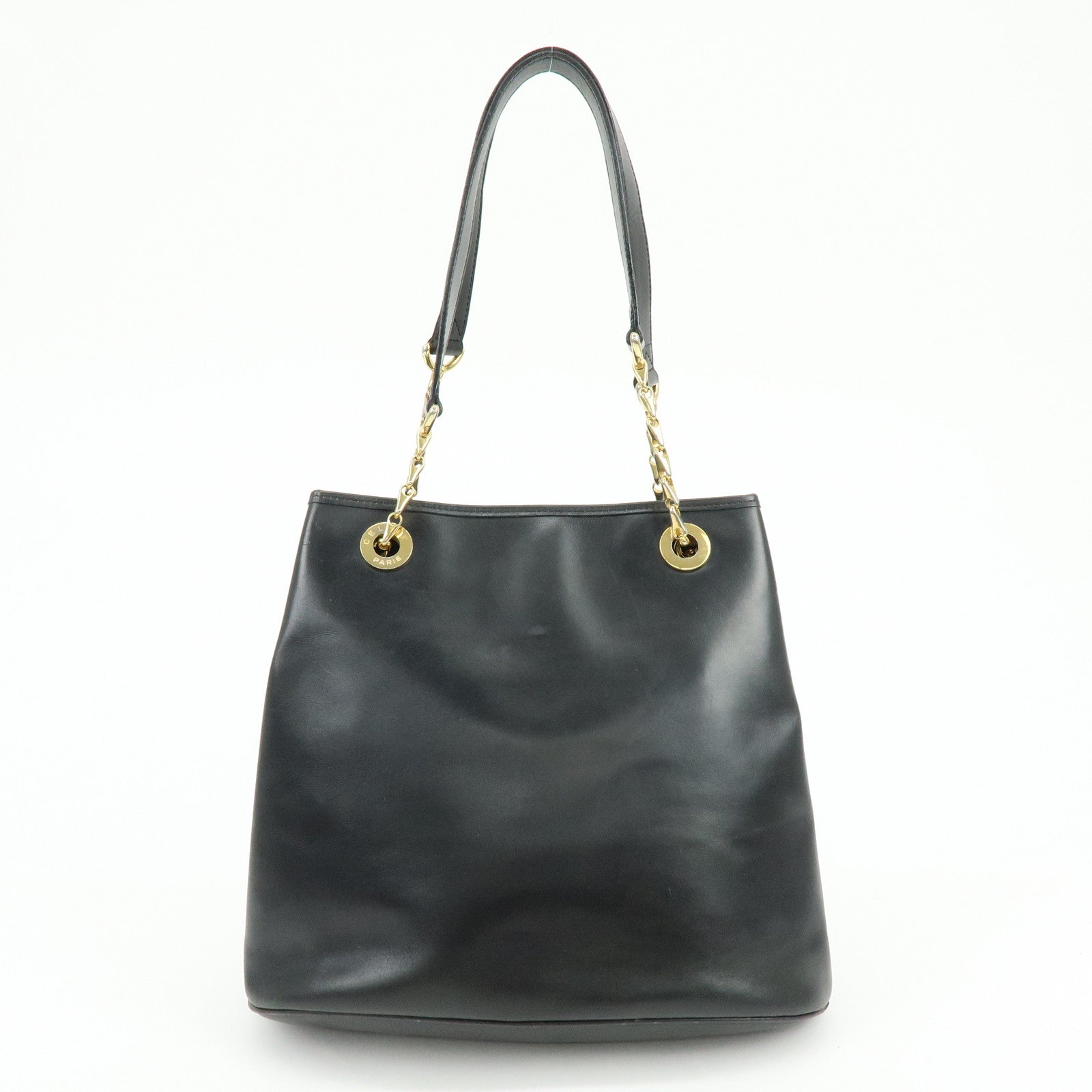 CELINE Leather Tote Bag Chain Shoulder Bag Black