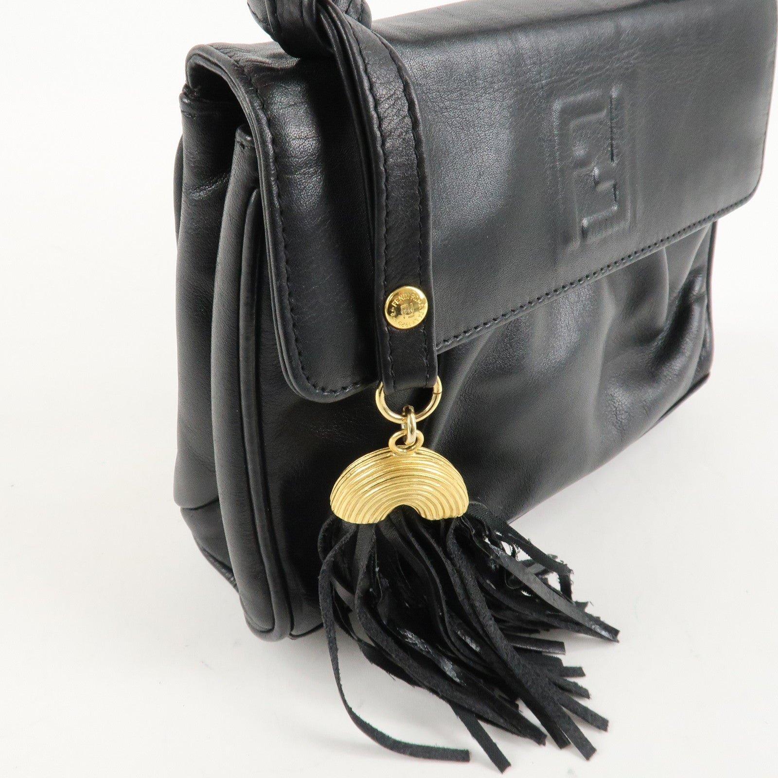 FENDI Leather Hand Bag Tassel Charm Gold Hardware Black Used