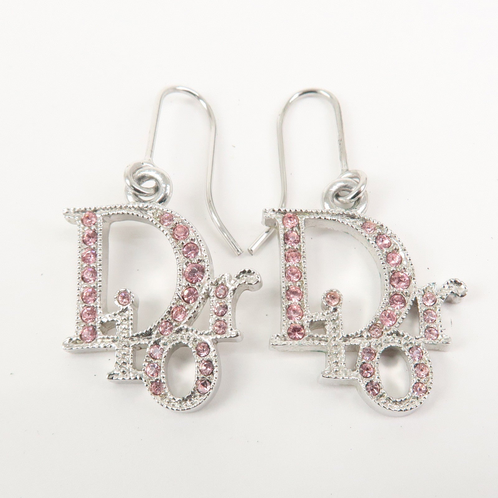 Christian Dior Logo Earrings Metal Silver Pink Crystals