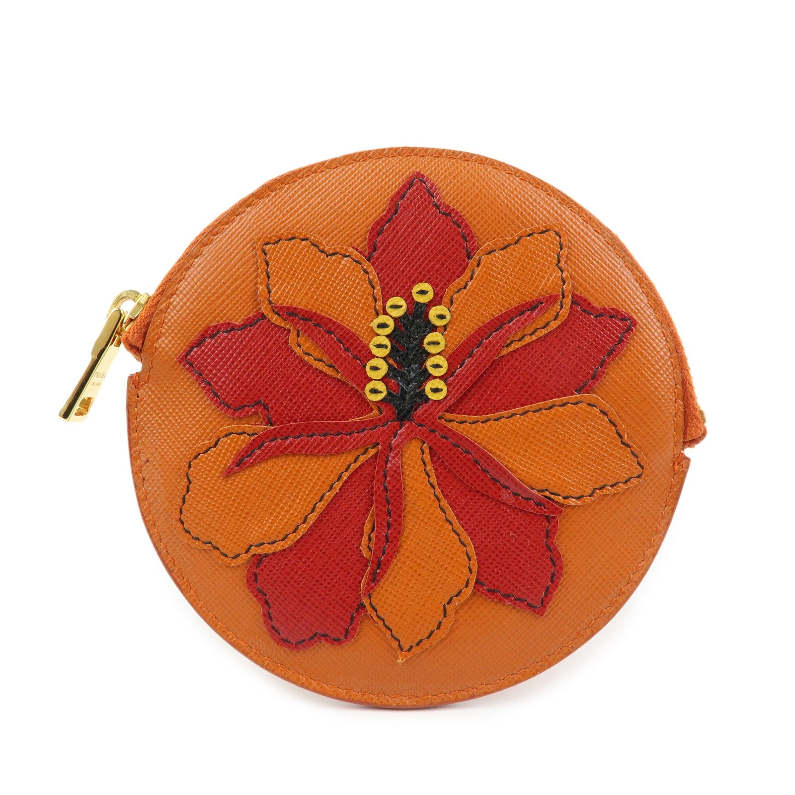 PRADA Saffiano Leather Flower Motif Round Coin Case Orange 1M1400