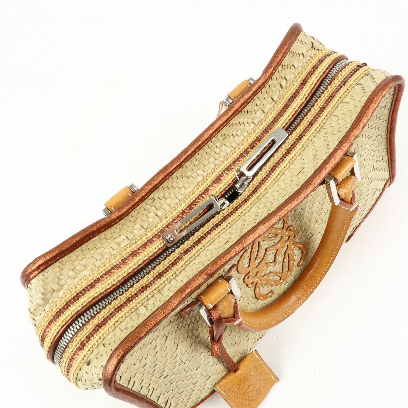 LOEWE Anagram Amazona 28 Raffia Leather Hand Bag Beige Camel