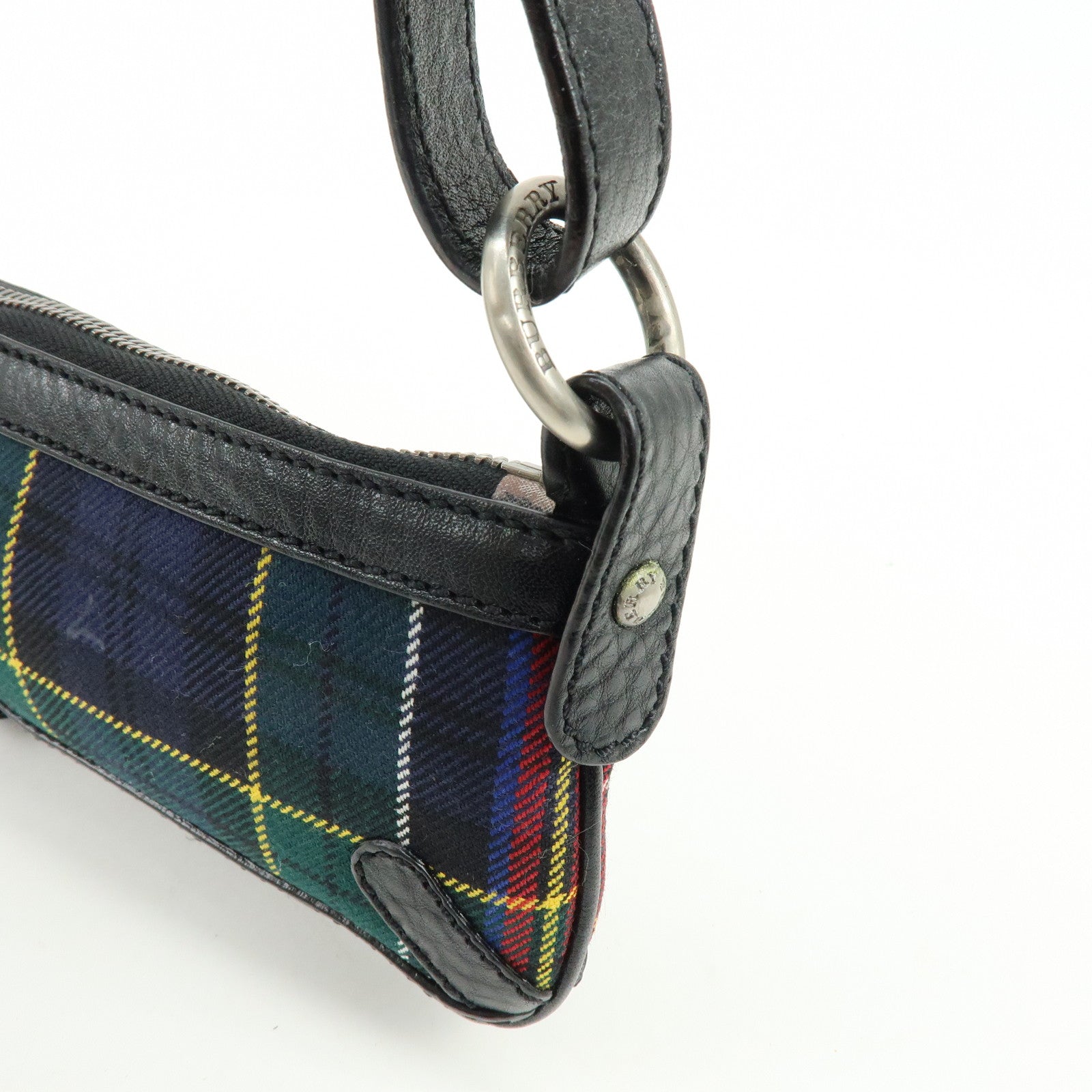 BURBERRY Canvas Leather Plaid Shoulder Bag Black Green