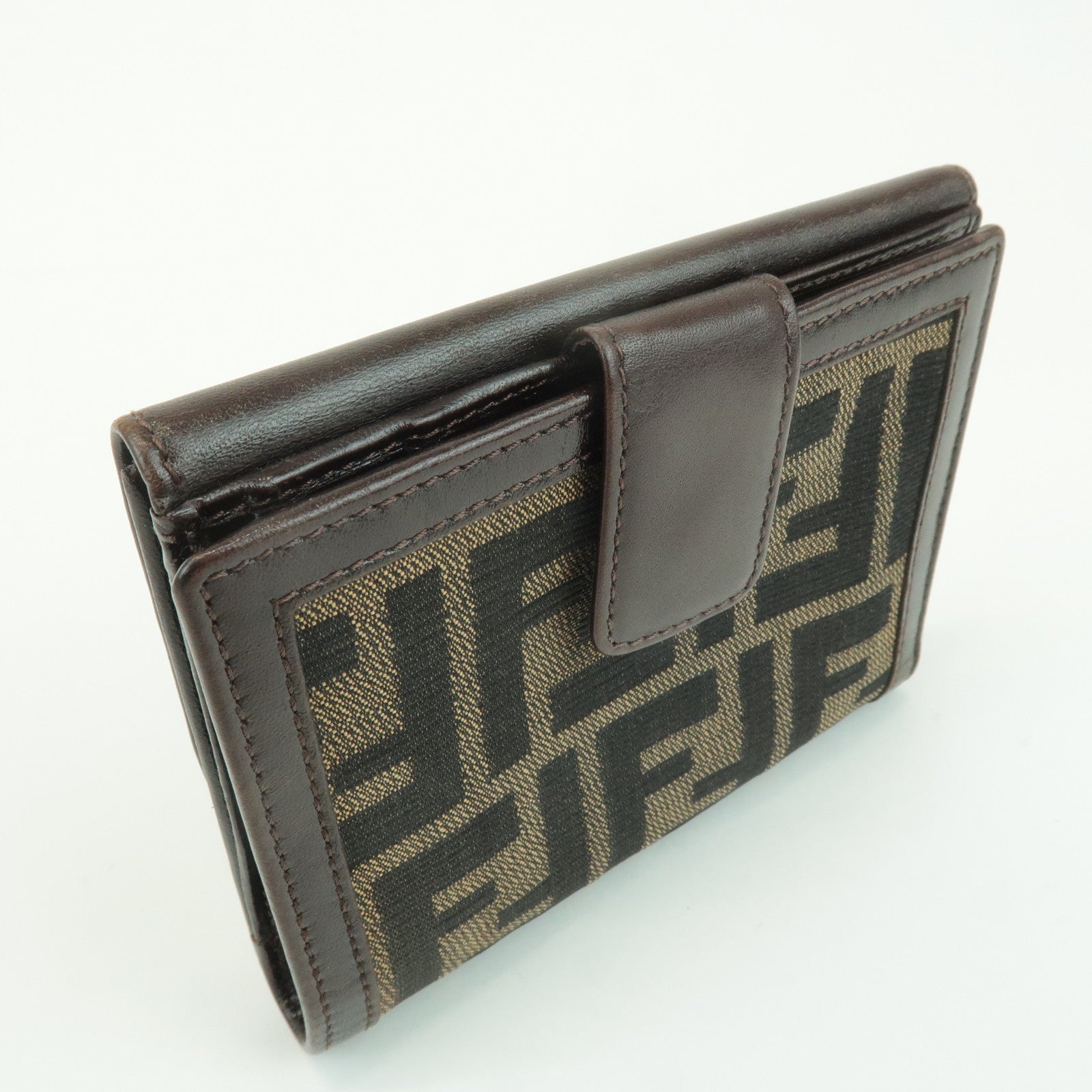 FENDI Zucca Leather Canvas Double Hook Bi-fold Wallet Brown 30795 Used