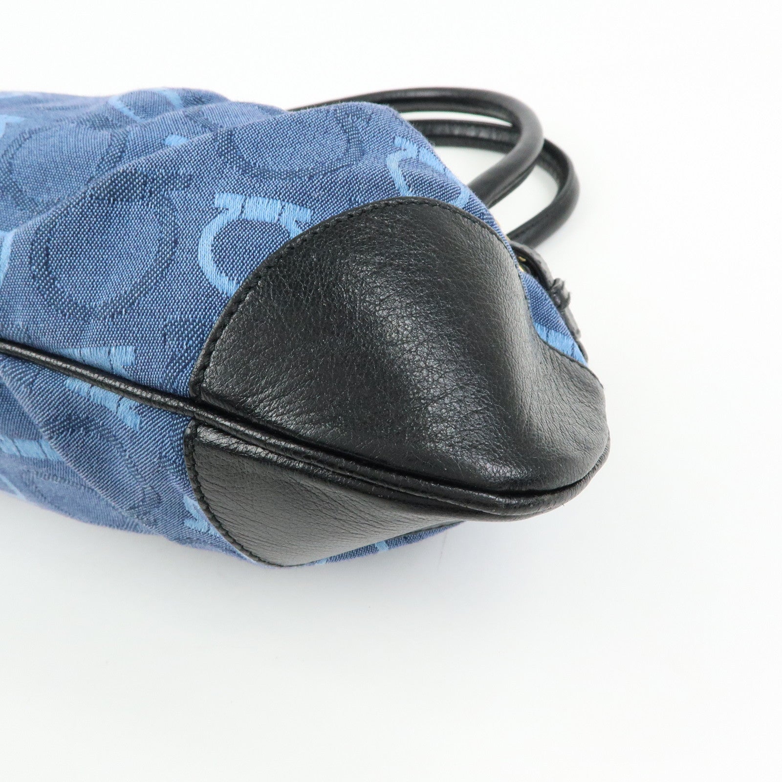 Ferragamo Gancini Canvas Leather Hand Bag Shoulder Bag Blue Black