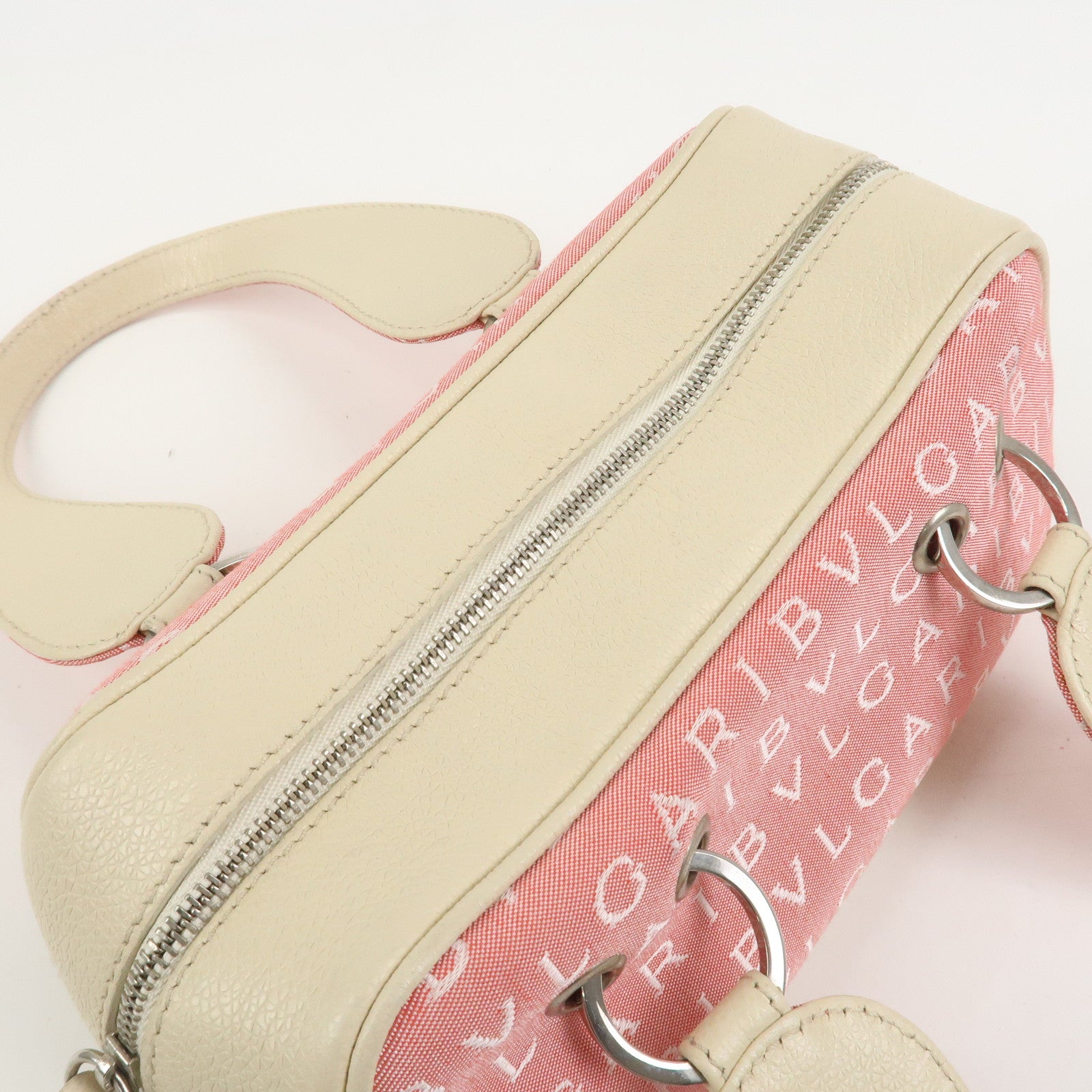 BVLGARI Logo Mania Canvas Leather Hand Bag Pink Ivory