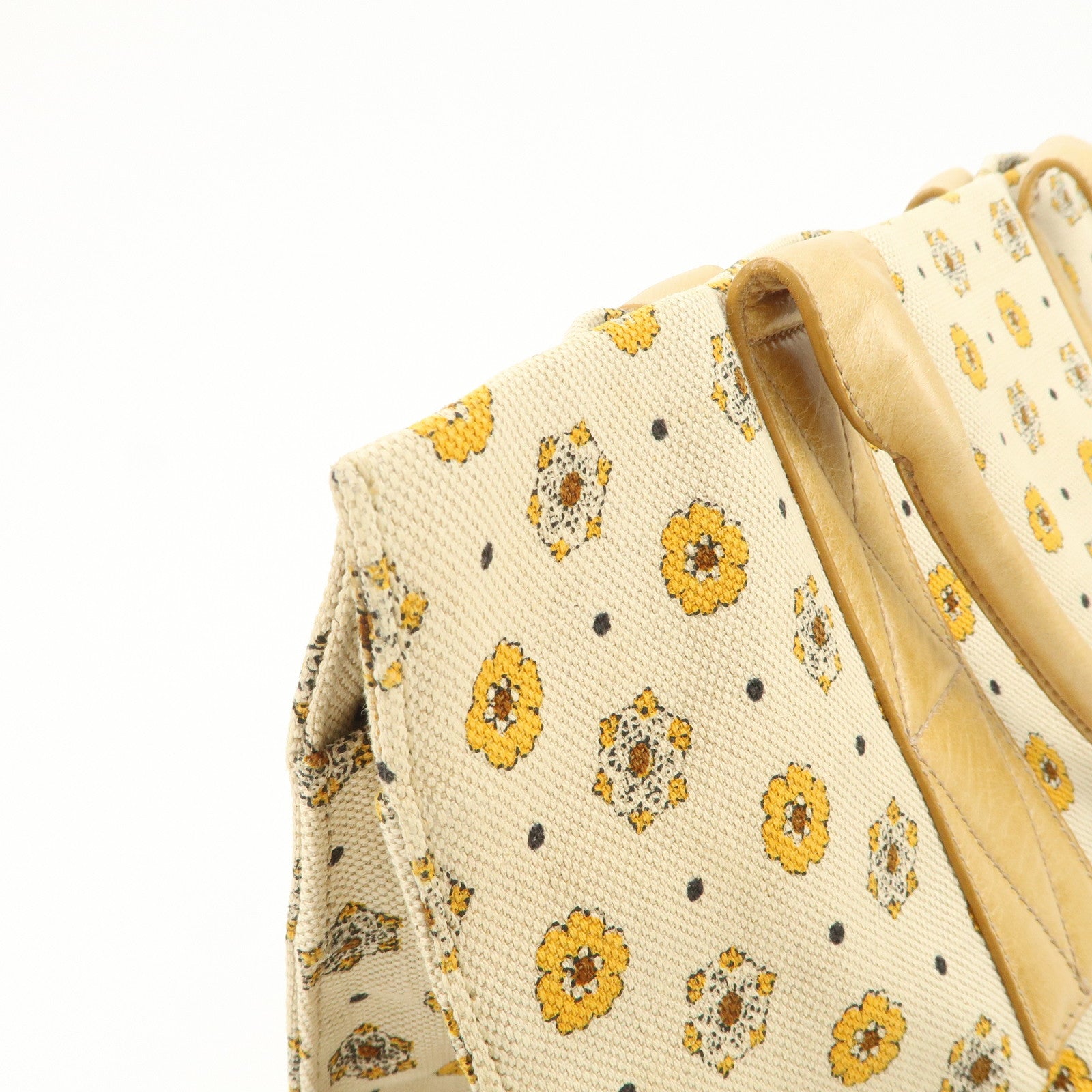 MIU MIU Canvas Leather Tote Bag Hand Bag Flower Motif Beige